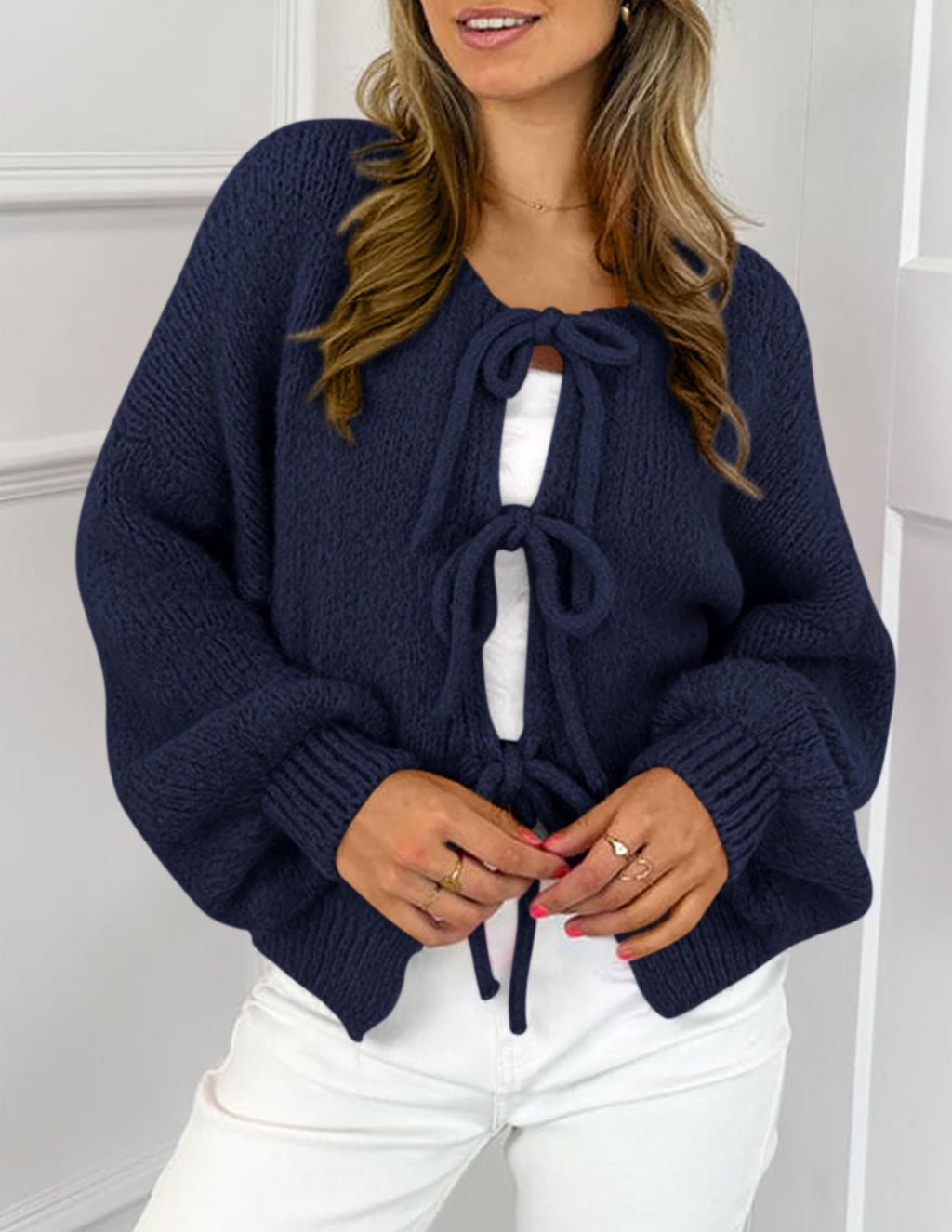 PRETTYGARDEN Women's Tie Front Bow Cardigan Sweaters Chunky Knit Long Puff Sleeve Trendy Fall Winter Jacket Coat