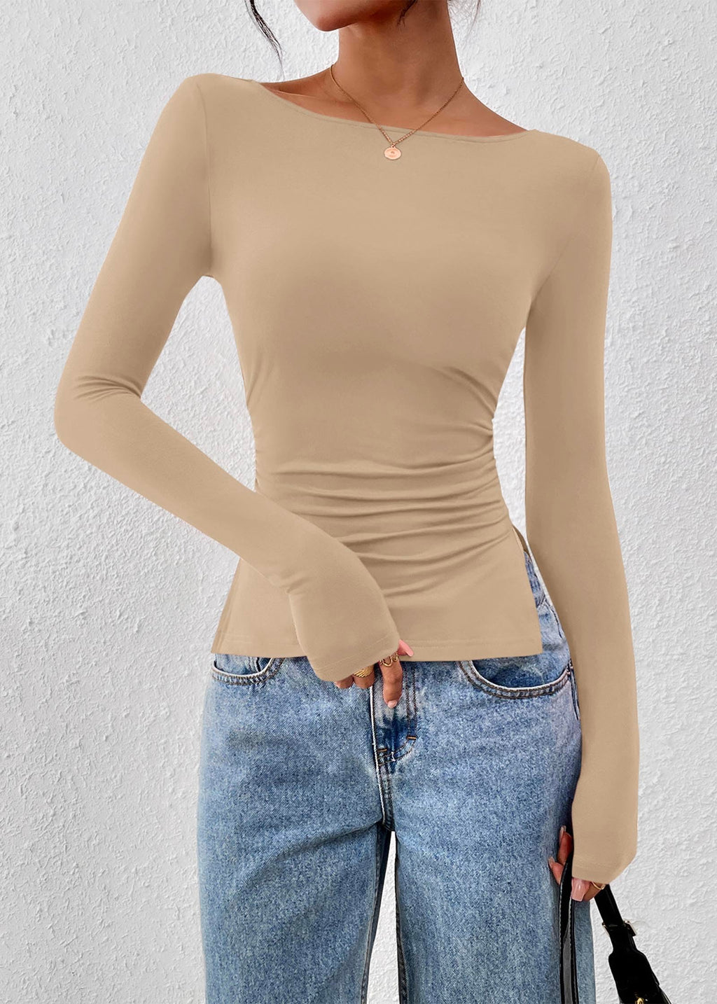 FreshPretty Long Sleeve Shirts for Women Fall Casual Boat Neck Knit Workout Going Out Tops Fitted Side Slit Basic Tees