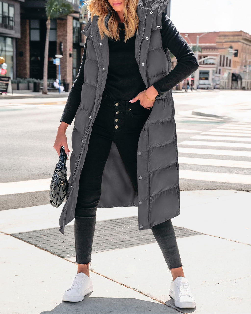 BTFBM Long Puffer Vest Women Quilted Hooded Button Down Zip Up Sleeveless Vests Outerwear Padded Jacket Fall Winter Coat