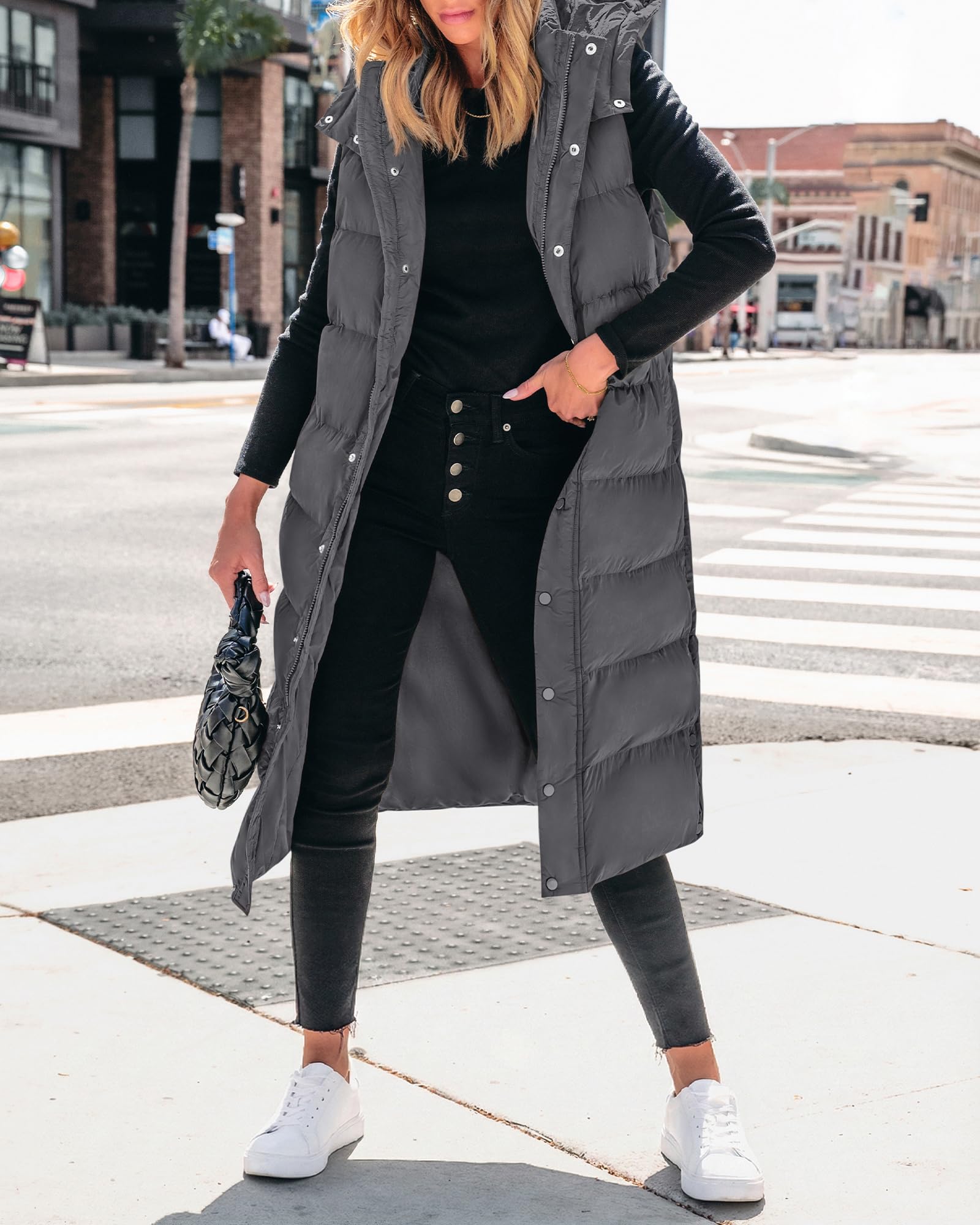 BTFBM Long Puffer Vest Women Quilted Hooded Button Down Zip Up Sleeveless Vests Outerwear Padded Jacket Fall Winter Coat
