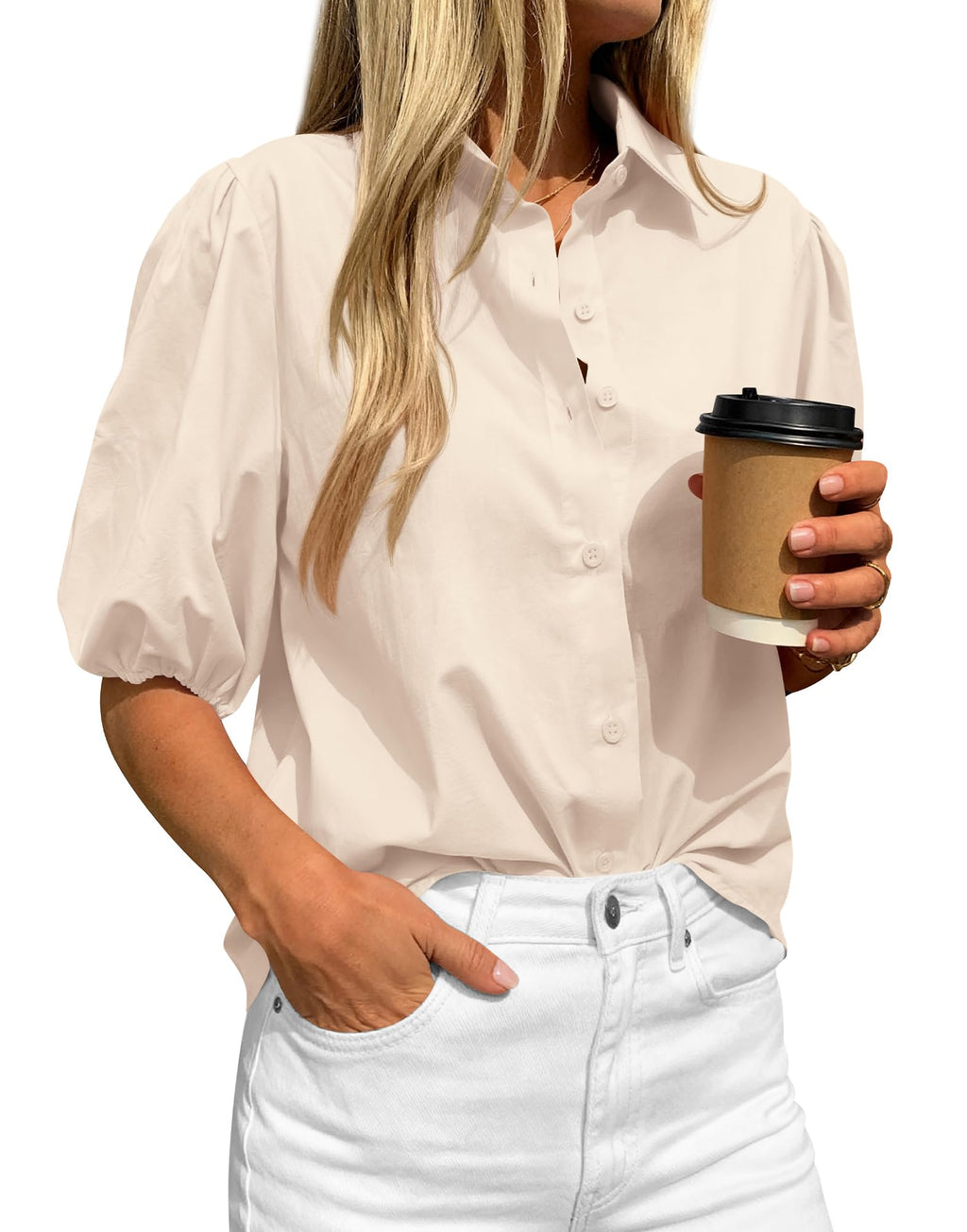 BTFBM Women's Button Down Shirts Short Puff Sleeve Collared V Nec Summer Tops Dressy Casual Work Business Blouses