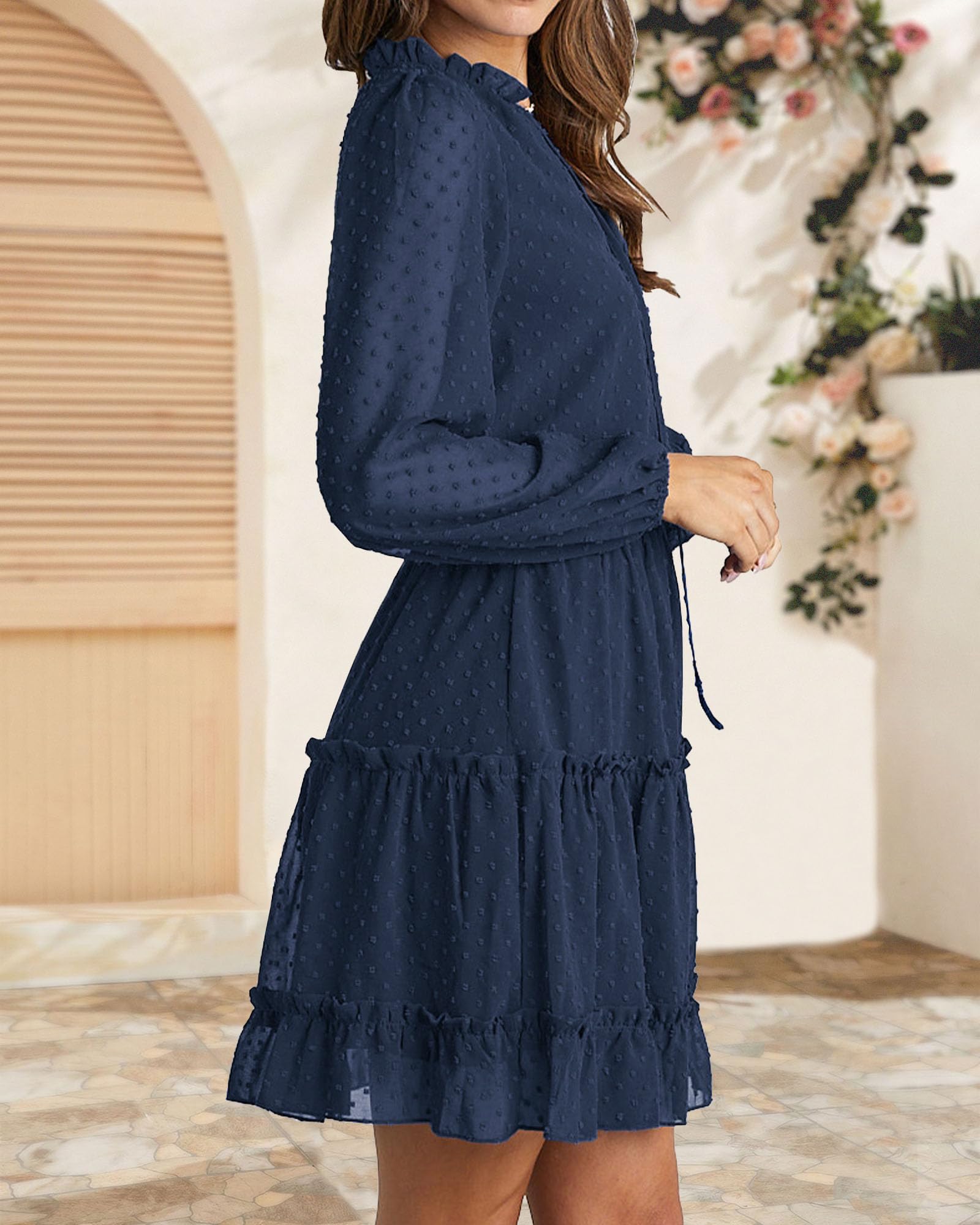 FreshPretty Long Sleeve Fall Dresses for Women Summer Casual Tie Neck Ruffle Tiered A Line Wedding Guest Short Mini Dress