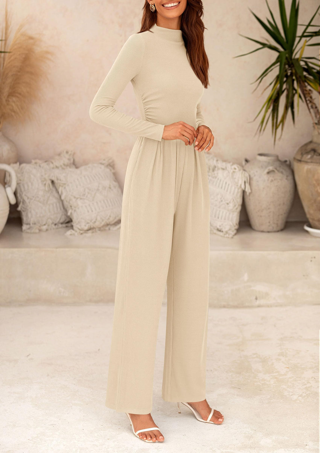 PRETTYGARDEN Womens Jumpsuit Dressy Casual Spring Fall Fashion One Piece Outfits Long Sleeve Mock Neck Wide Leg Pants Rompers