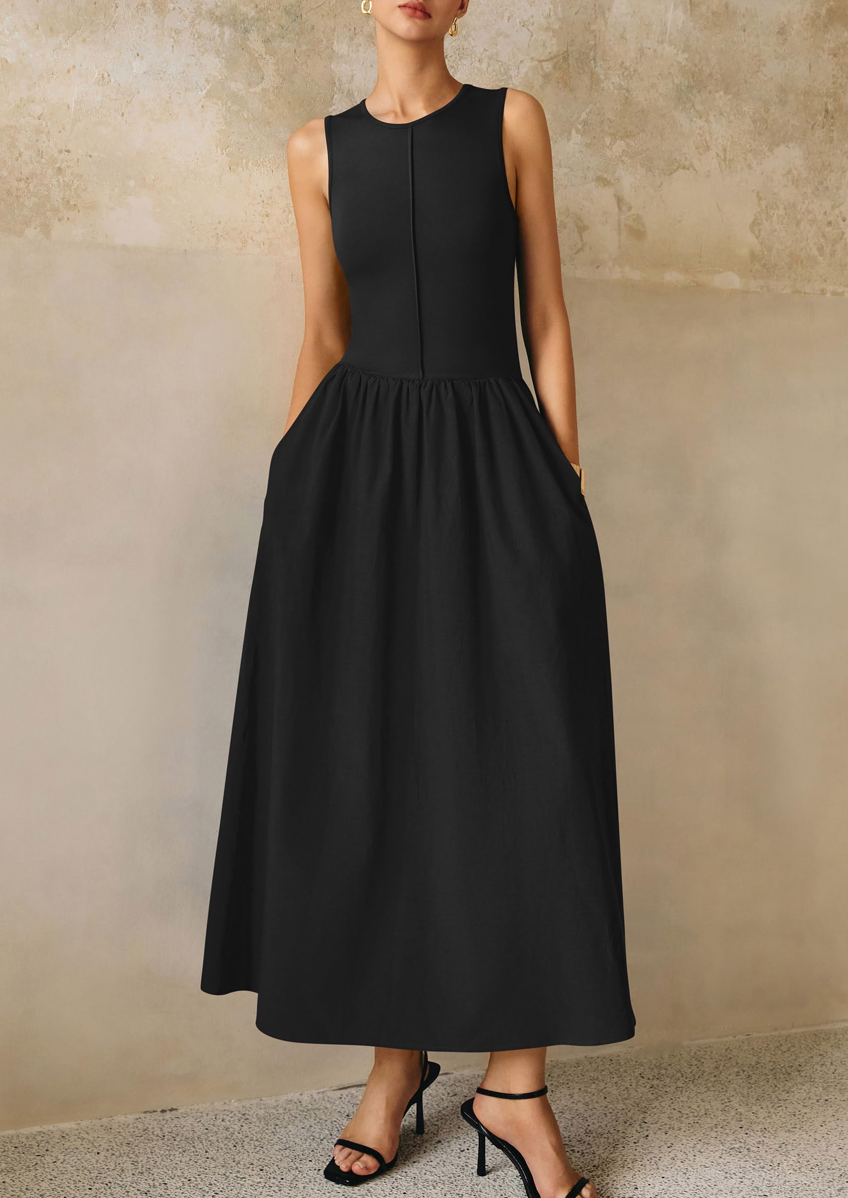PRETTYGARDEN Maxi Dresses for Women Summer Casual Sleeveless Patchwork Flowy Vacation Sundress Knit Long Work Tank Dress