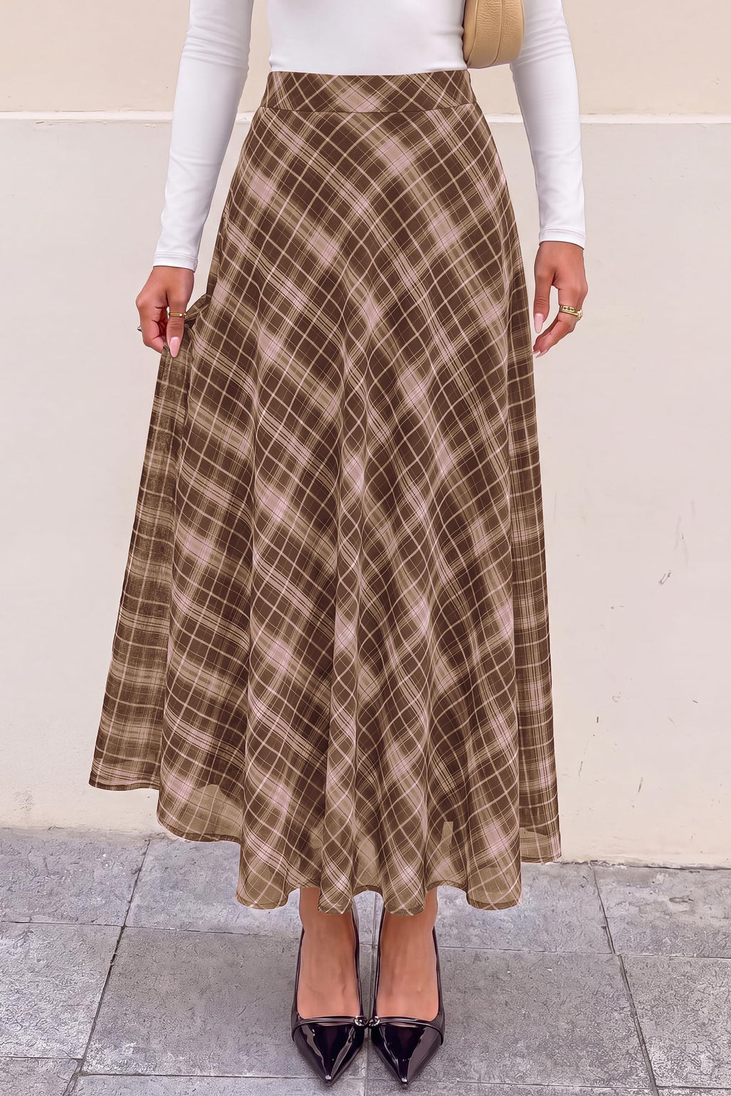 FreshPretty Casual A-Line Plaid Maxi Skirts for Women Trendy Fall Fashion Lightweight Chiffon Gingham Elastic Waist Long Skirt,Cute Winter Clothing,Spring Flowy Beach Vacation Clothes
