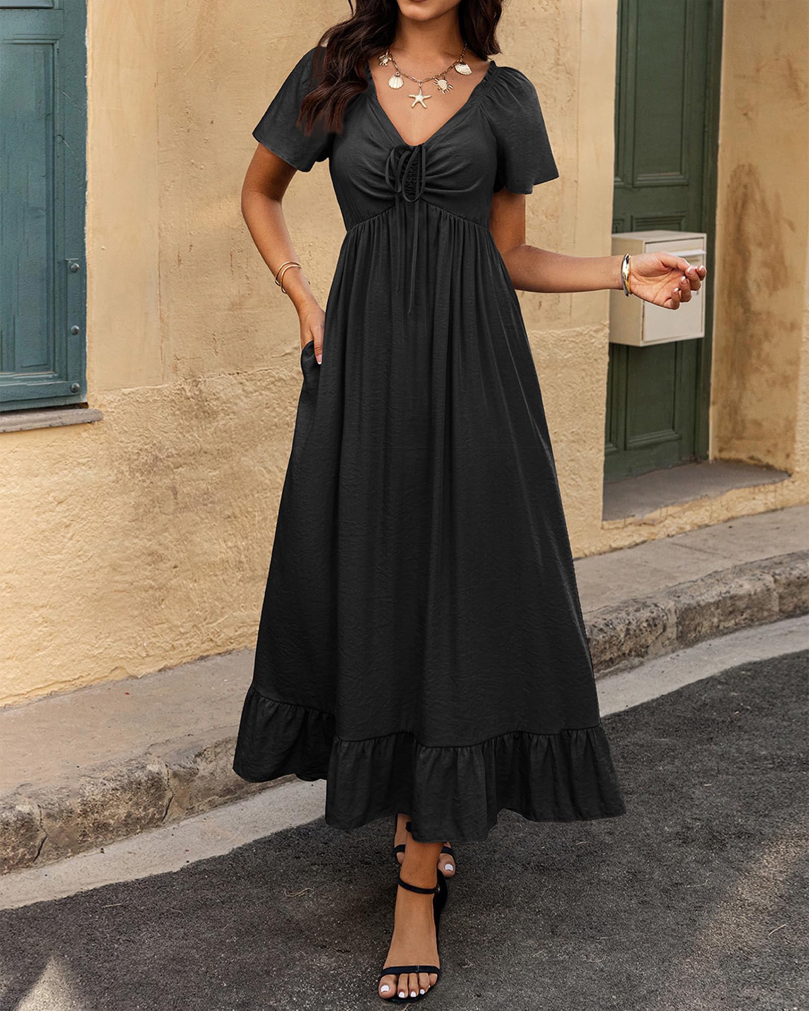 BTFBM Womens Spring Dresses Casual Short Sleeve V Neck Drawstring Wedding Guest Maxi Dresses Boho Beach Long Dress