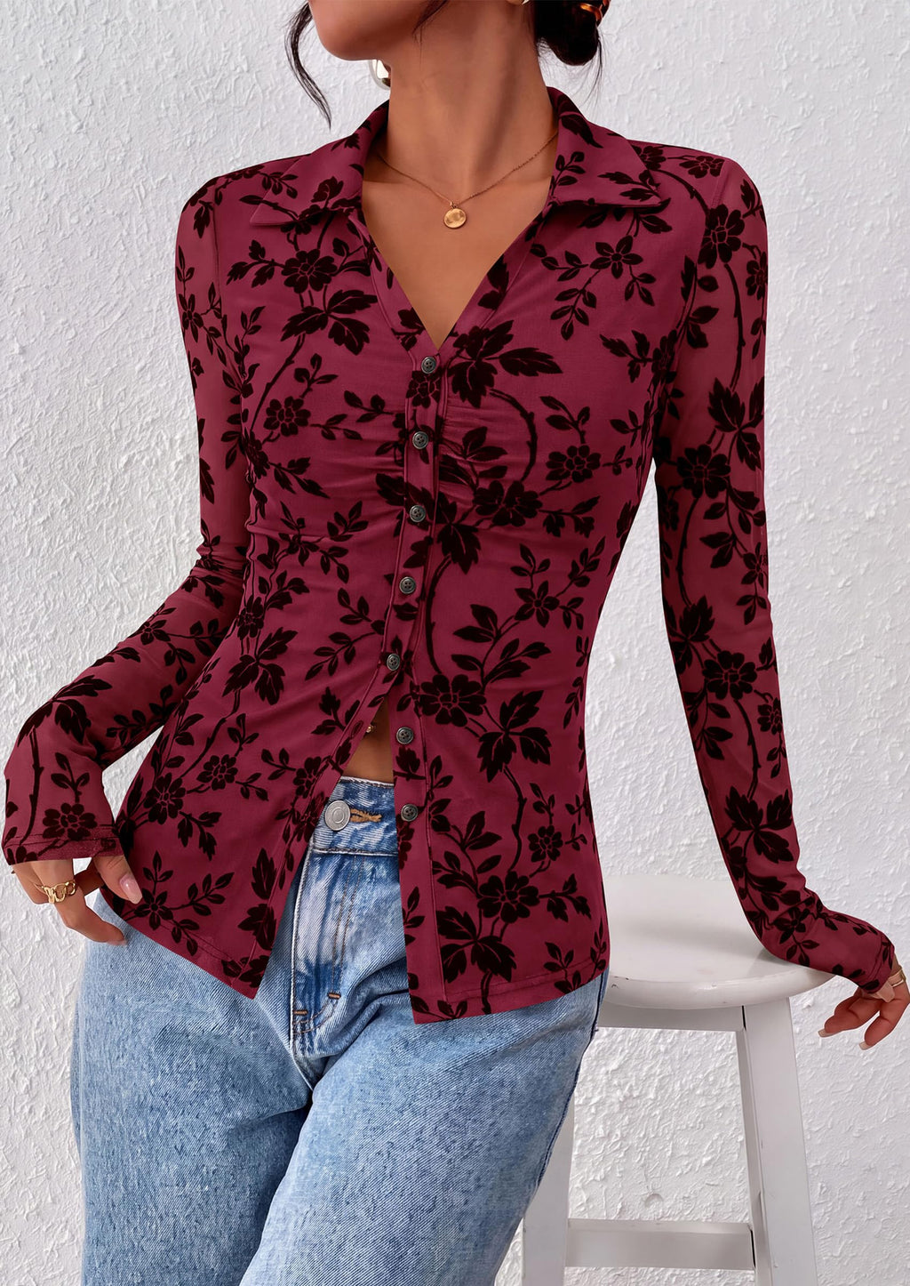 PRETTYGARDEN Women's Long Sleeve Floral Mesh Boho Tops Button Down Shirts Fall Blouses Dressy, Ruched Slim Fit, Collared V Neck, Trendy Going Out Date Night Outfit, Elegant Casual Work Office Clothes