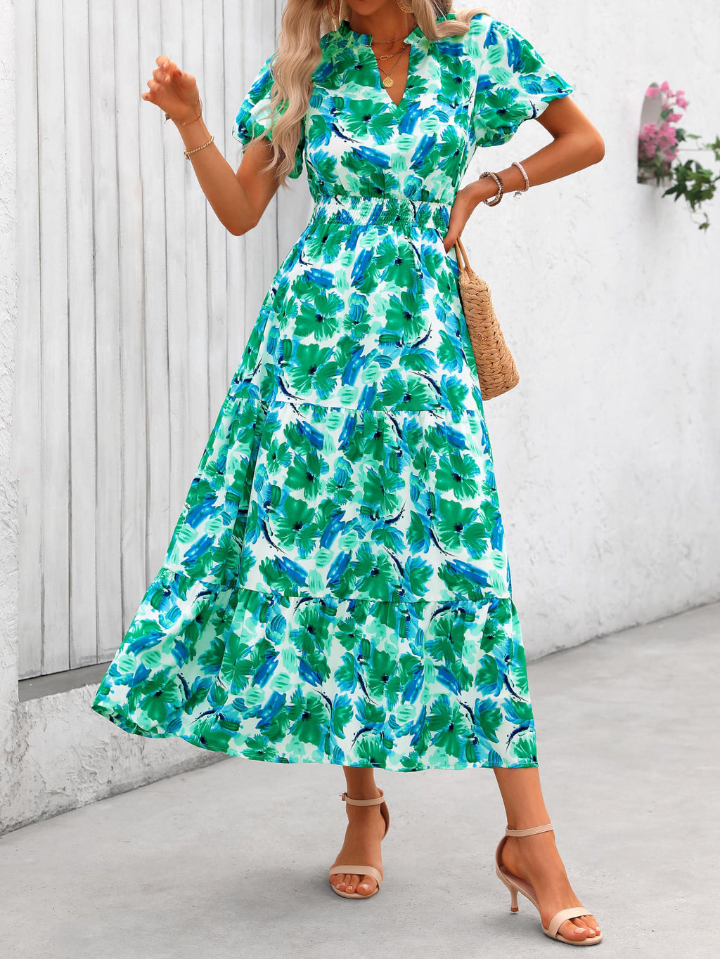 PRETTYGARDEN Summer Maxi Dresses for Women  Casual V Neck Puff Short Sleeve Smocked Flowy Beach Boho Long Floral Dress