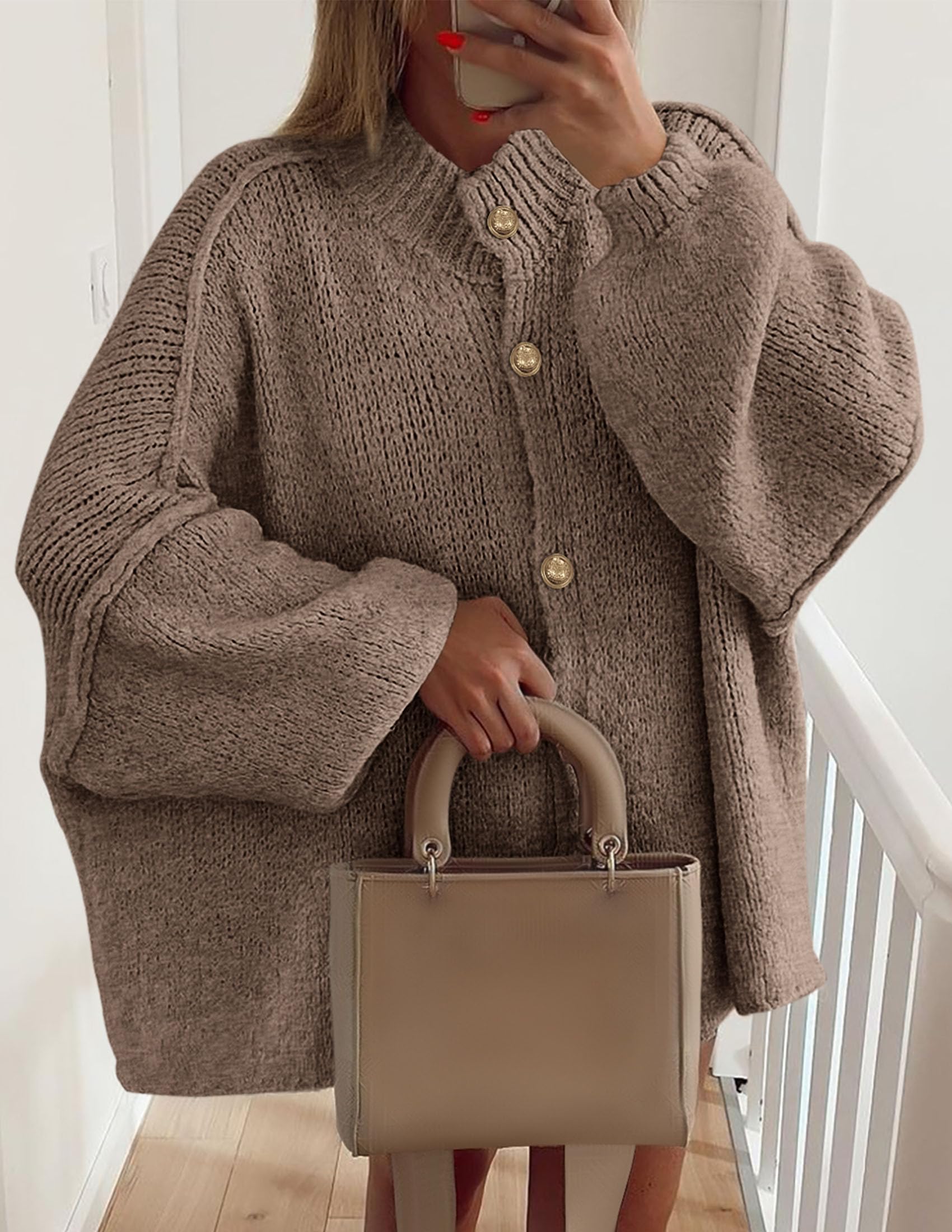 PRETTYGARDEN Women's Winter Button Down Cardigan Sweaters Mock Neck Lantern Long Sleeve Chunky Knit Jacket Trendy Outerwear