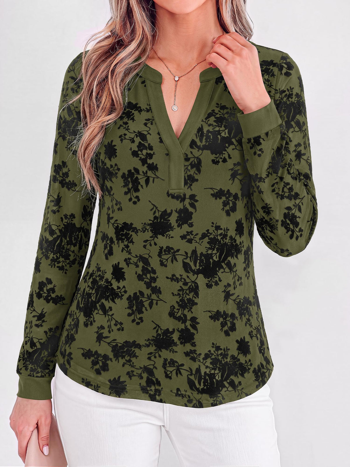 BTFBM Womens Tops Floral Sheer Mesh Long Sleeve Blouses Dressy Casual V Neck Flocked Mesh Shirts,Velvet-Like Flowers,Double Layered,Loose Fit Tunics,Business Casual Top,Fall Fashion Clothing
