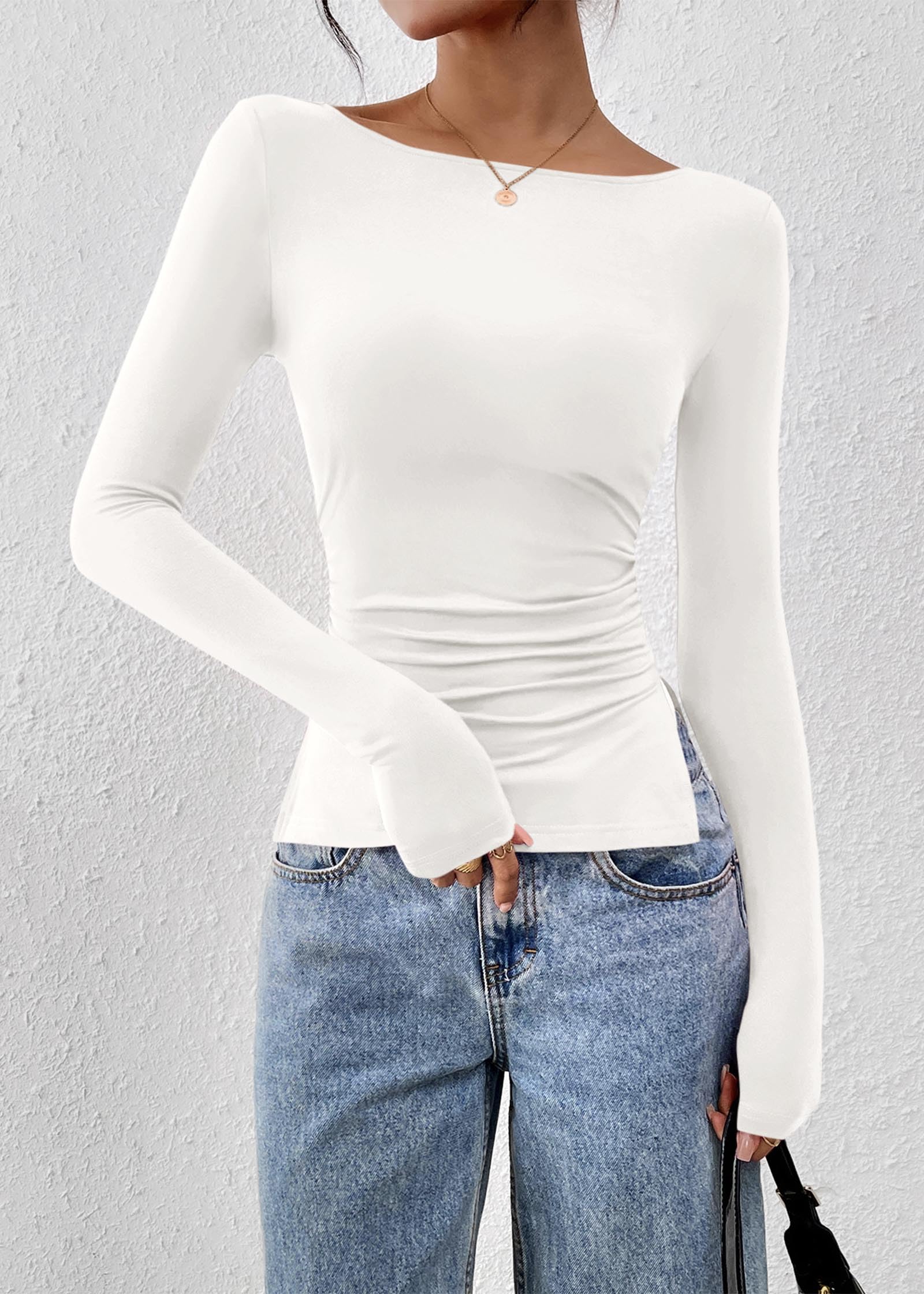 FreshPretty Long Sleeve Shirts for Women Fall Casual Boat Neck Knit Workout Going Out Tops Fitted Side Slit Basic Tees