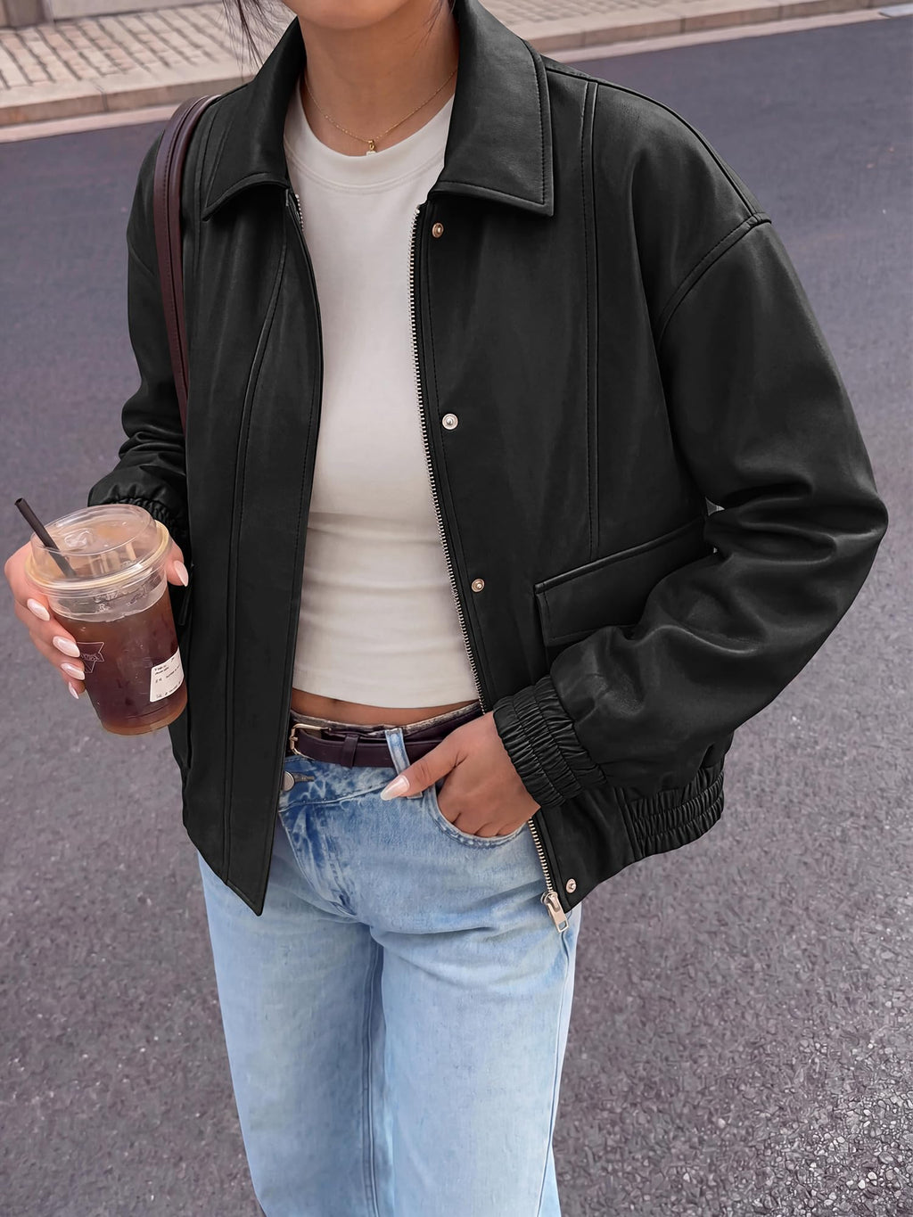 BTFBM Faux Leather Jacket Women Fall Clothes Long Sleeve, Bomber Jackets, Snaps, Pockets, Oversized, Zip Up Motorcycle Outerwear, Airport, Going Out Outfits, Winter Coat