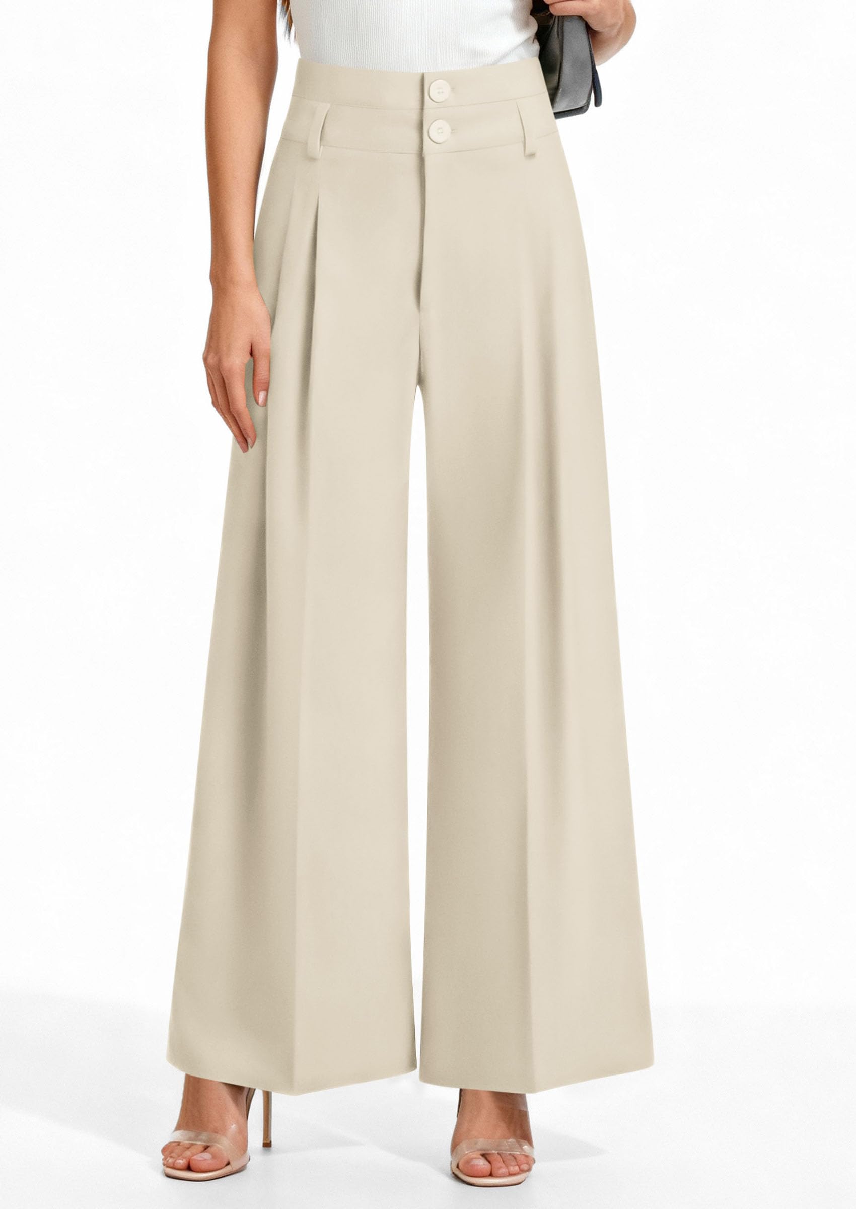 PRETTYGARDEN Womens Spring Wide Leg Palazzo Pants Trendy Loose Button High Waist Pleated Work Business Casual Trousers