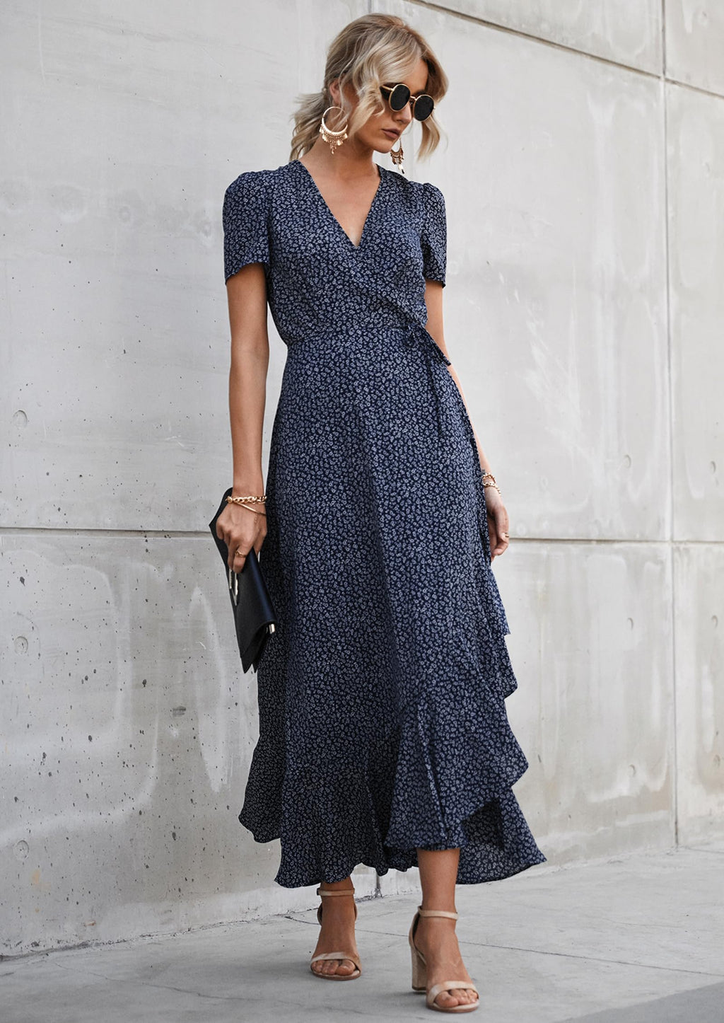 PRETTYGARDEN Women's Summer Maxi Dress Casual Wrap Floral Boho Short Sleeve V Neck Split Ruffle Beach Long Dresses