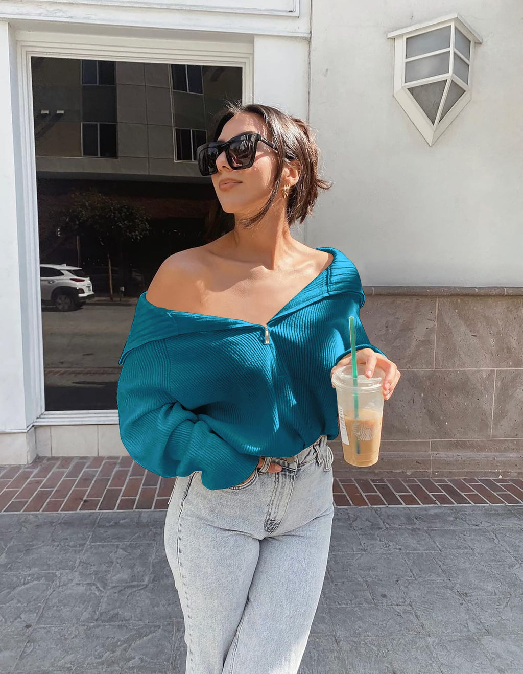 FreshPretty Womens Sweaters Quarter Zip Pullover V Neck Collar Long Sleeve Ribbed Knit Loose Casual Winter Fall Sweater