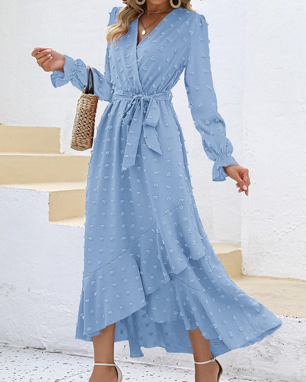 FreshPretty Long Sleeve Maxi Dresses for Women V Neck Swiss Dot Boho Flowy Slit Cocktail Wedding Guest Dress Fall Clothes