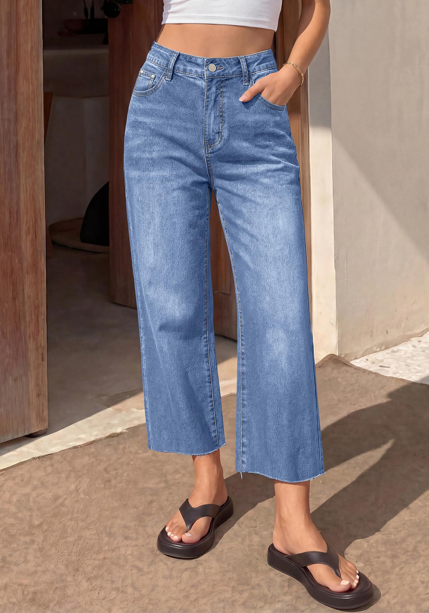 BTFBM Jeans for Women Summer High Waisted Button Straight Leg Stretchy Cropped Raw Hem Trendy Denim Pants Pockets