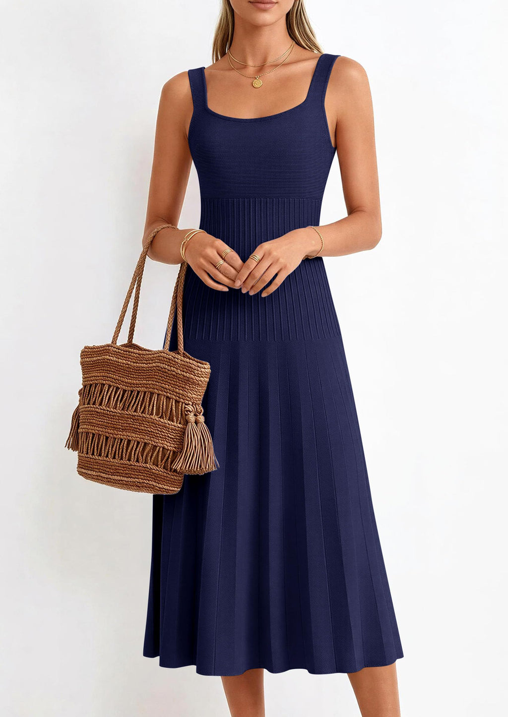 PRETTYGARDEN Spring Dresses for Women Summer Casual Sleeveless Square Neck A Line Knit Pleated Midi Cocktail Party Dress