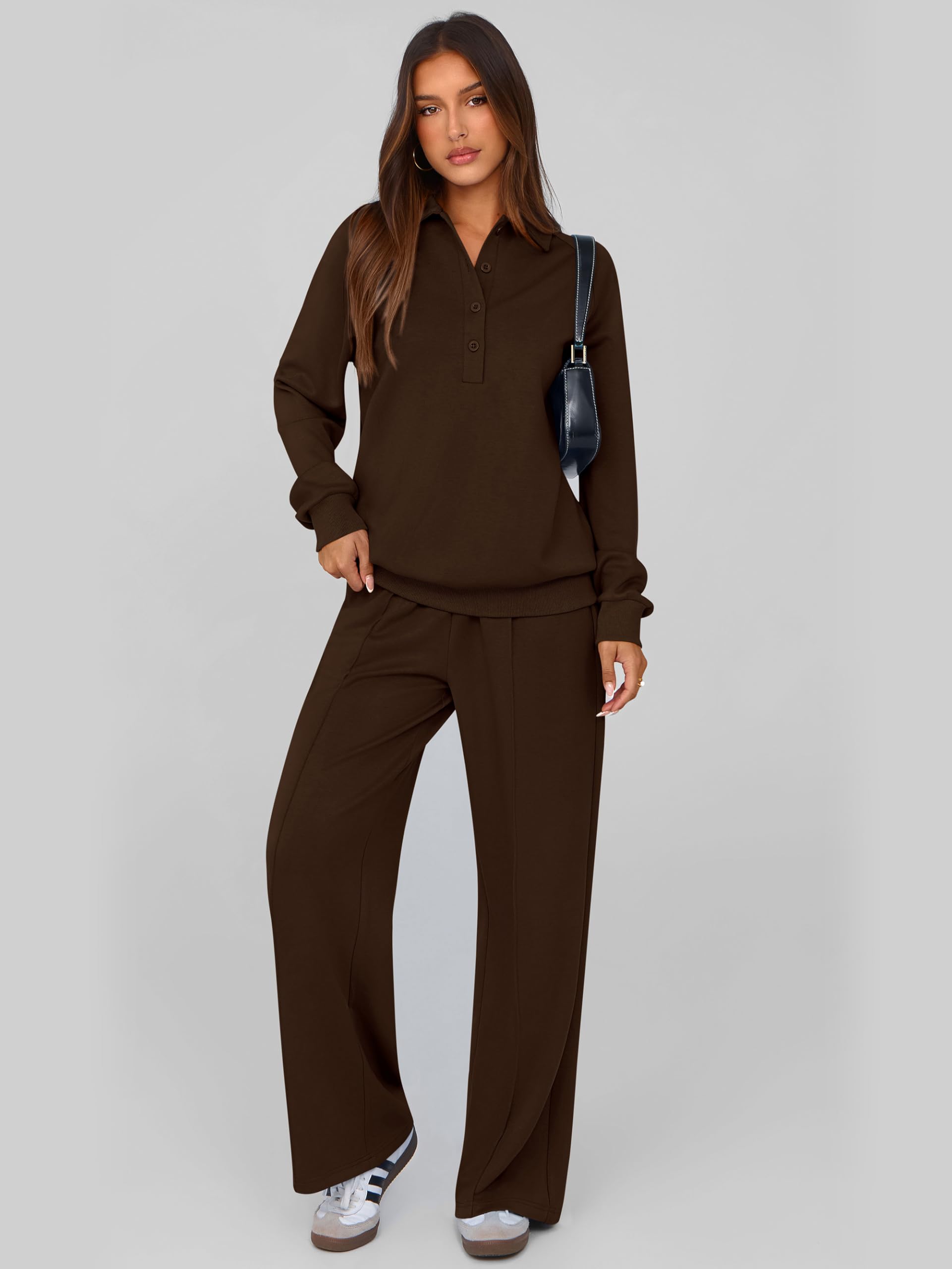 PRETTYGARDEN Women Fall 2 Piece Outfits Sweatsuits Lounge Sets Quarter Button Long Sleeve Sweatshirt, Wide Leg Sweat Pants, Casual 2 Piece Sets Tracksuit, Airport Travel Outfits for Women