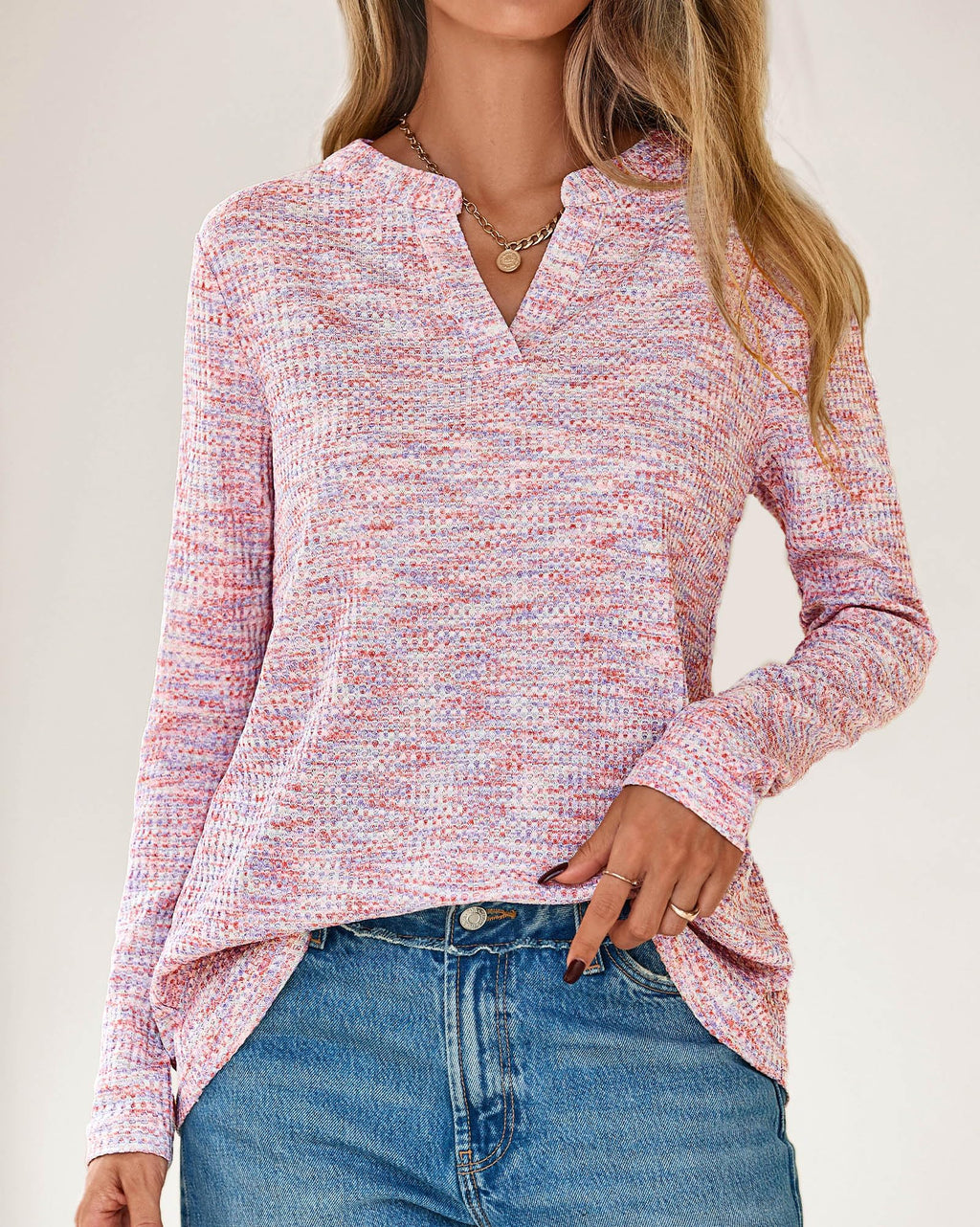 FreshPretty Waffle Knit Tops V Neck Long Sleeve Blouses for Women Dressy Casual Henley Work Shirts Spring Fall Clothes