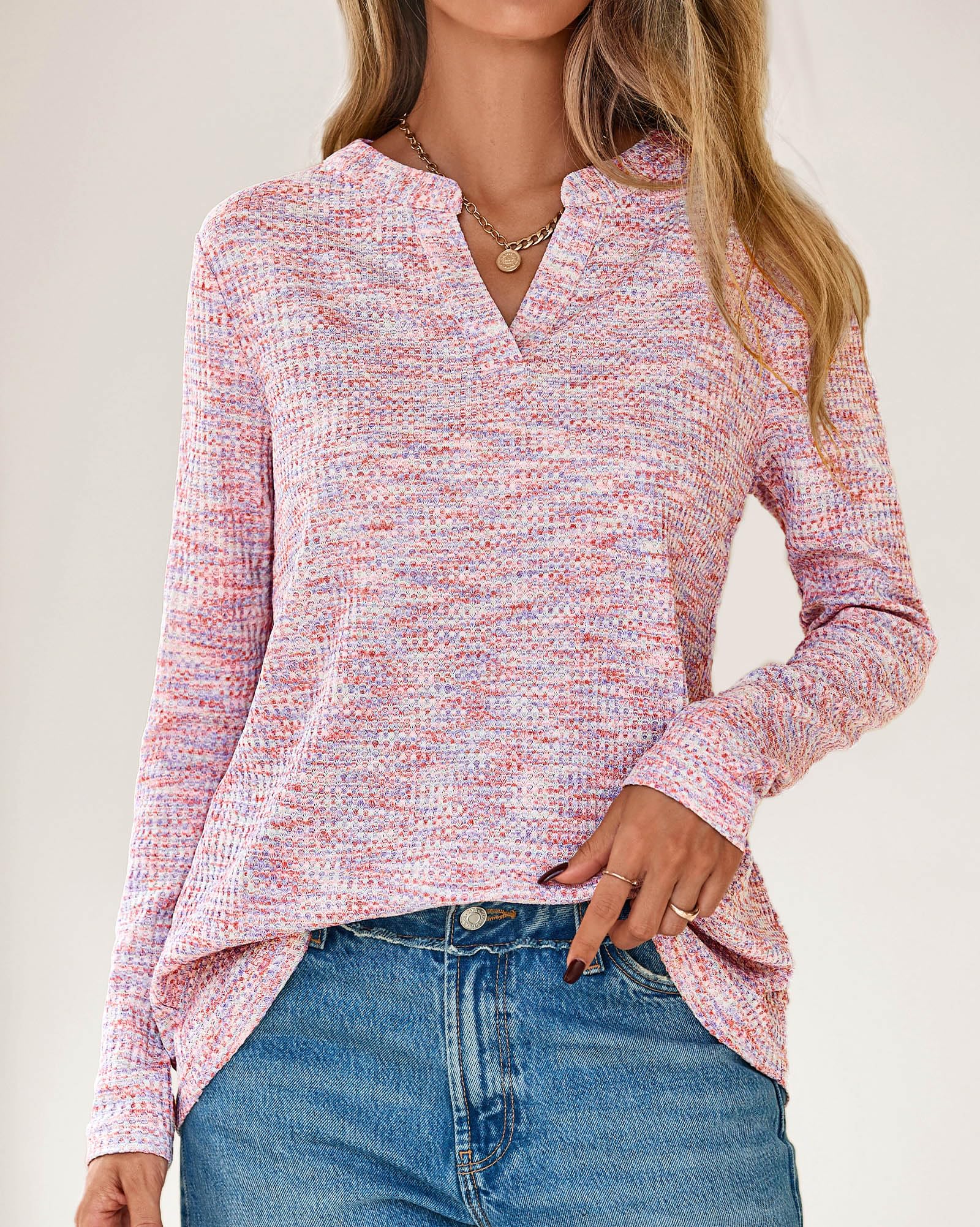 FreshPretty Waffle Knit Tops V Neck Long Sleeve Blouses for Women Dressy Casual Henley Work Shirts Spring Fall Clothes