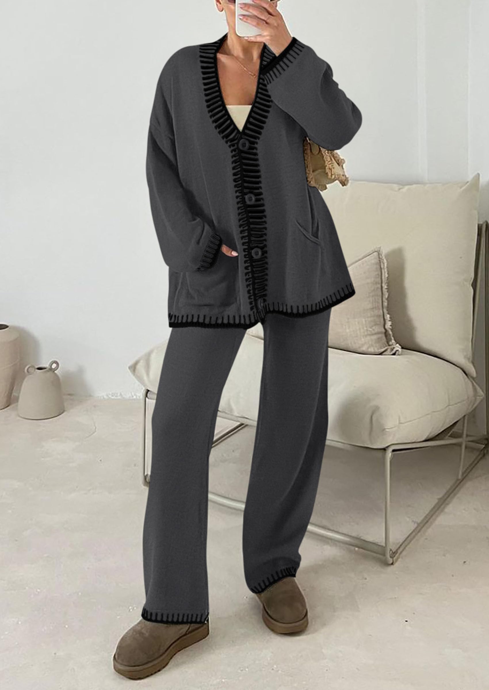 PRETTYGARDEN Lounge Sets for Women Fall Loungewear 2 Piece Outfits Cardigan Sweaters Track Suit Matching Winter Clothing