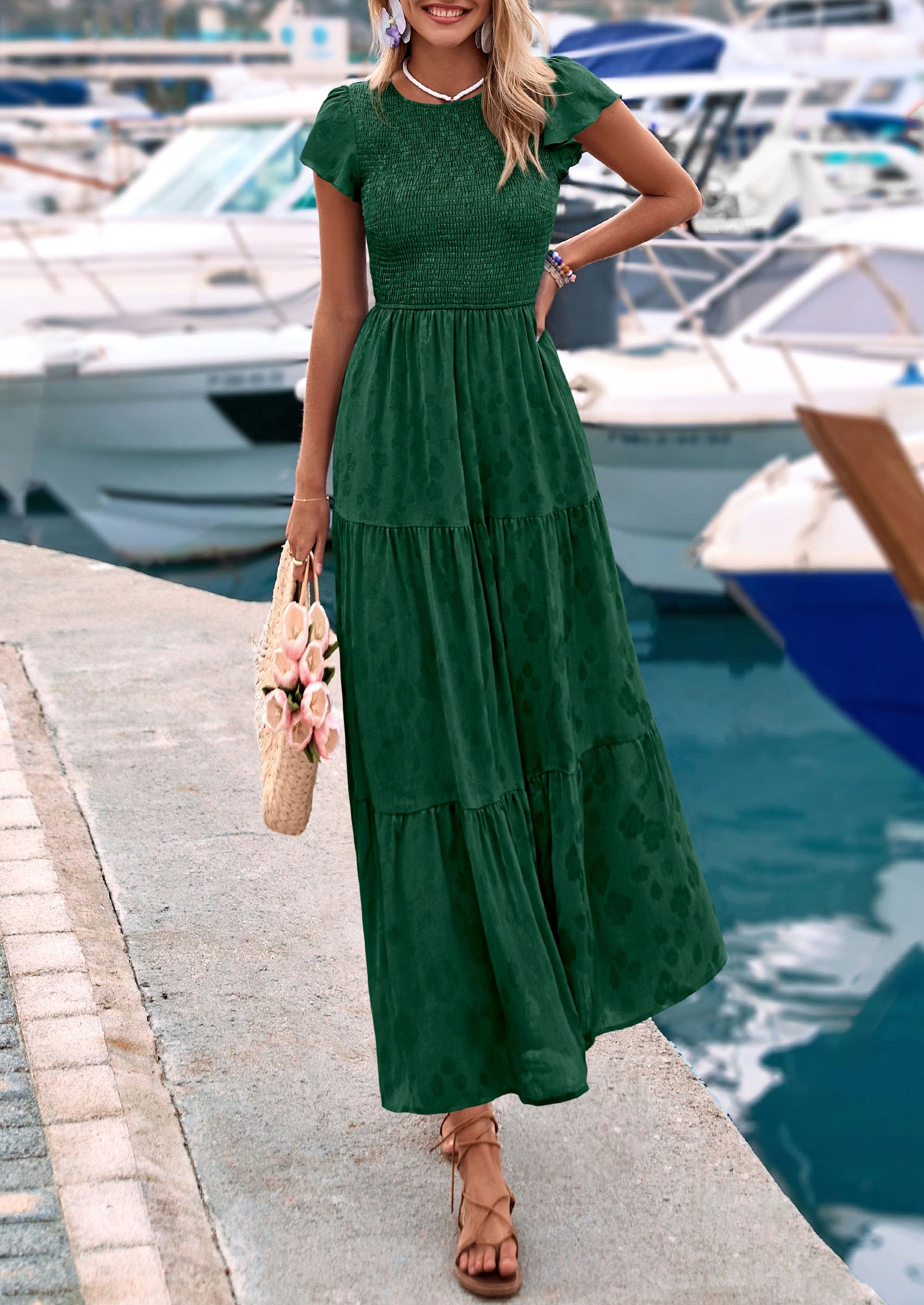 PRETTYGARDEN Wedding Guest Dresses for Women Summer Floral Cap Sleeve Smocked A Line Long Elegant Party Boho Dress
