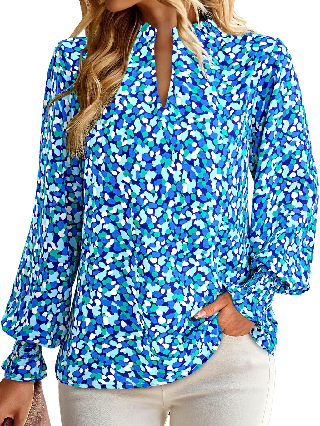 FreshPretty Womens V Neck Floral Long Sleeve Tops Summer Casual Loose Puff Sleeve Chiffon Boho Work Blouse Dressy T Shirts