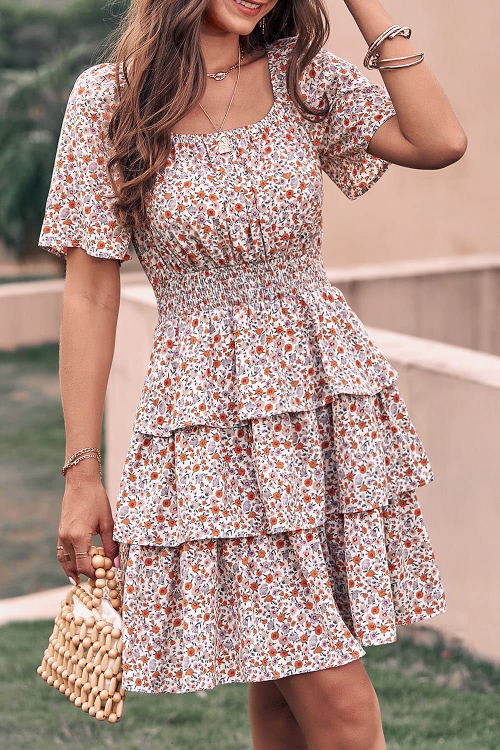 PRETTYGARDEN Women's  Floral Summer Short Dress Square Neck Short Sleeve Tiered Ruffle Boho Swing Dresses