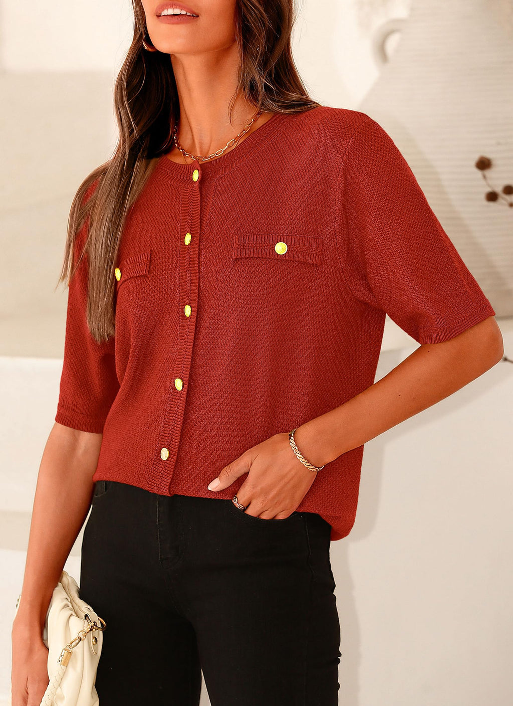 PRETTYGARDEN Women's Summer Button Down Shirts Casual Short Sleeve Crew Neck Ribbed Knit Blouse Top Cardigans