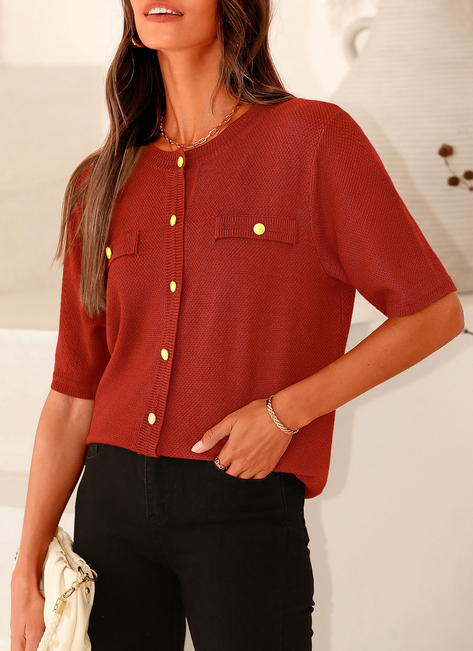 PRETTYGARDEN Women's Summer Button Down Shirts Casual Short Sleeve Crew Neck Ribbed Knit Blouse Top Cardigans