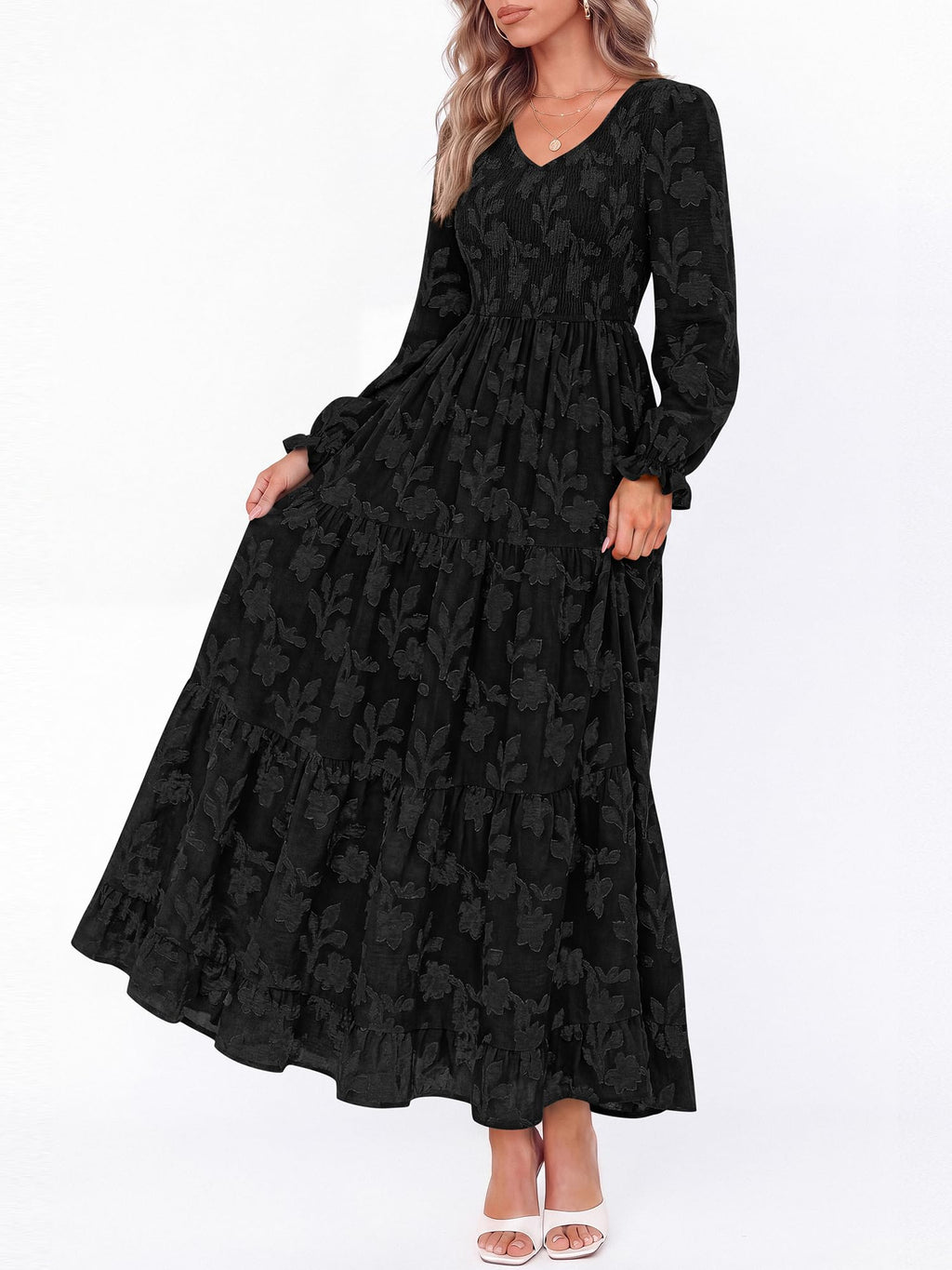 FreshPretty Womens Long Sleeve V Neck Wedding Guest Maxi Dress,Casual Floral Boho Flowy Smocked Long Dresses With Pockets, High Waist, A Line, 2026 Fall Semi Formal Cocktail Party Dress