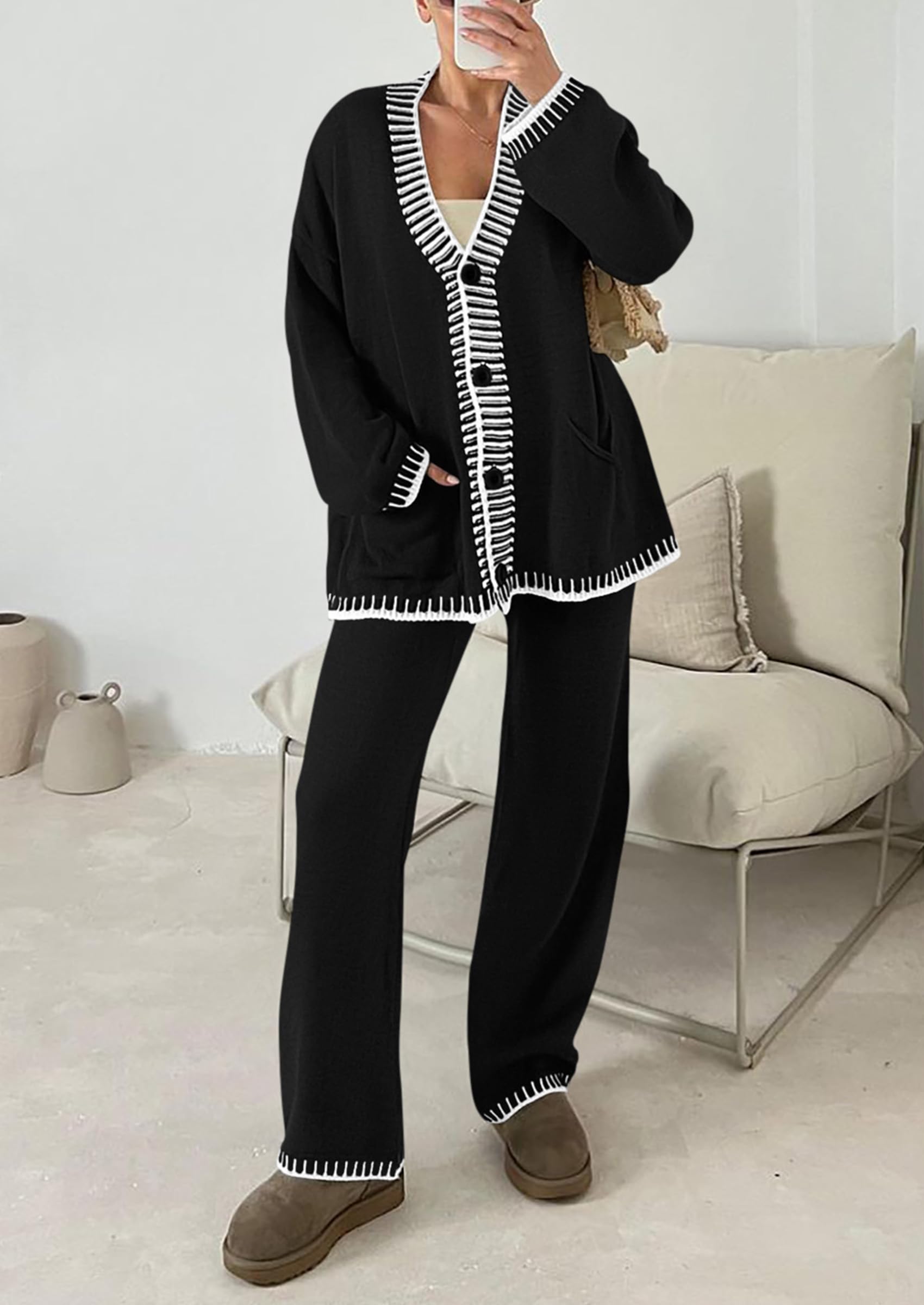 PRETTYGARDEN Lounge Sets for Women Fall Loungewear 2 Piece Outfits Cardigan Sweaters Track Suit Matching Winter Clothing