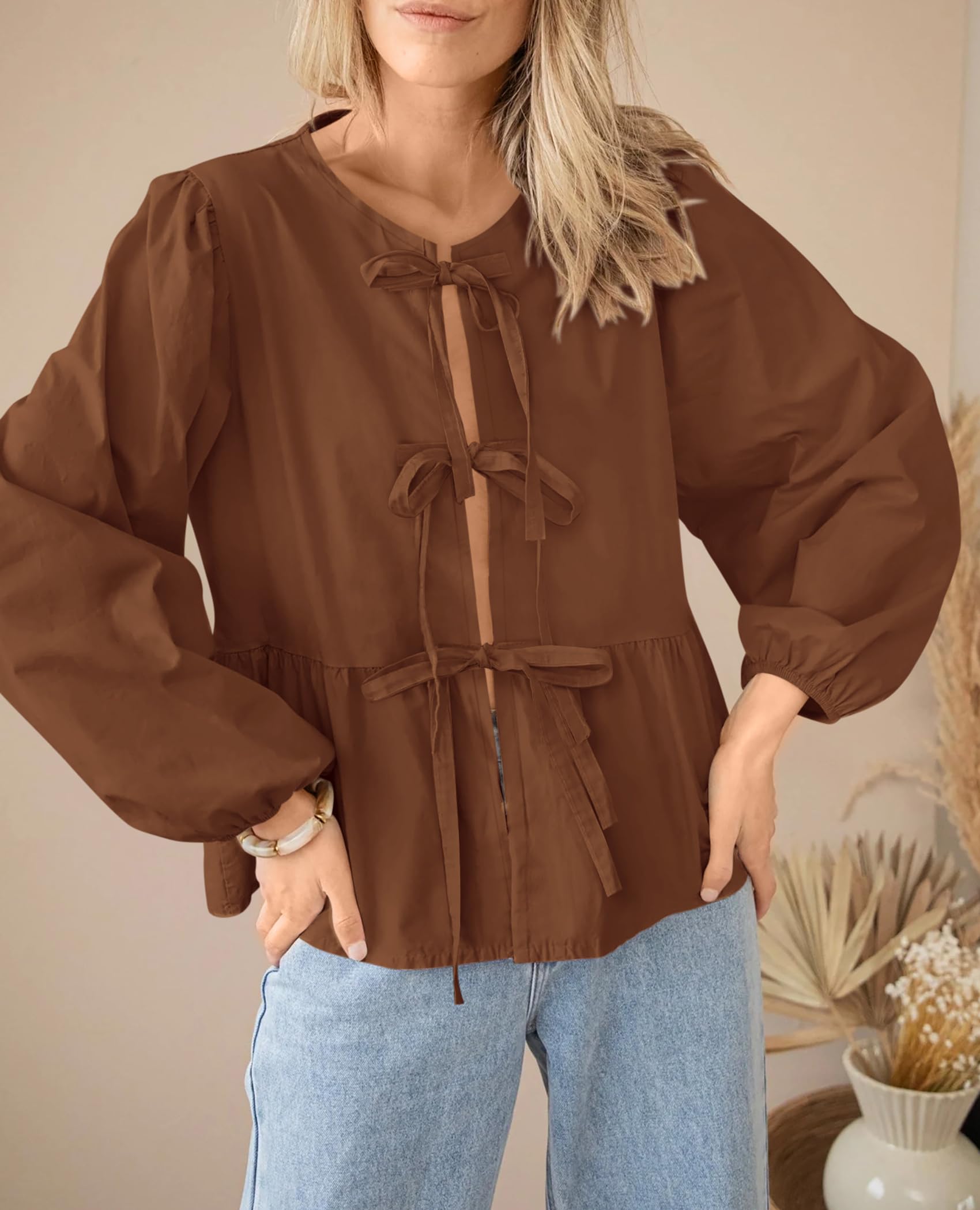 PRETTYGARDEN Women's Spring Fall Babydoll Peplum Blouse Shirt Puff Long Sleeve Bow Tie Front Trendy Cute Y2K Going Out Tops