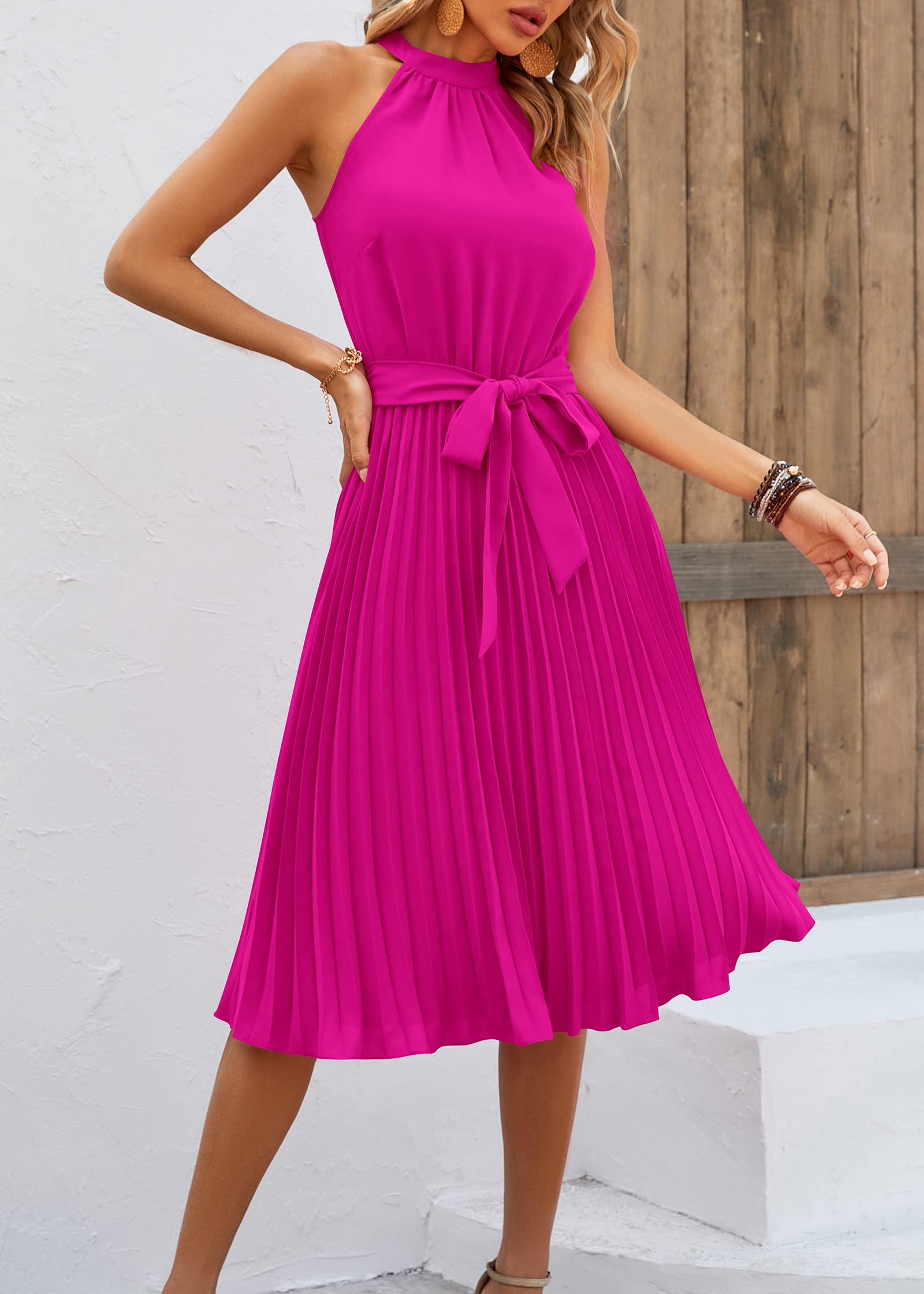 FreshPretty Women's Summer Sleeveless Halter Neck Pleated Midi Cocktail Dresses A Line Flowy Beach Sun Dress with Belt