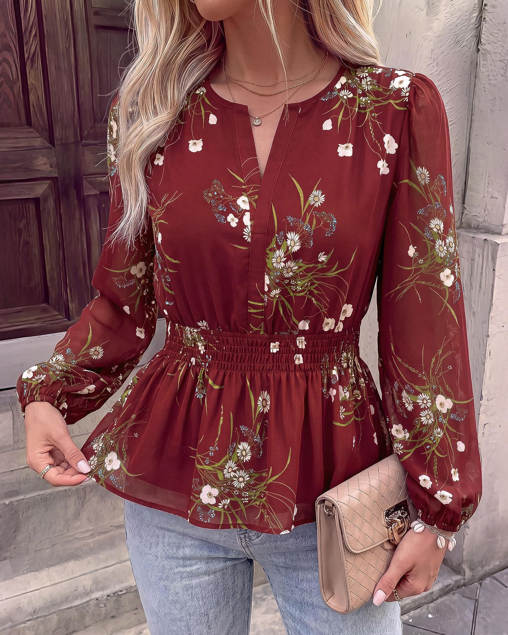 BTFBM Womens Tops Dressy Casual Floral V Neck Long Sleeve Chiffon Shirts | Chiffon Lantern Sleeve Flowy Peplum Sheer Top,Elastic Waist Babydoll Blouses,Boho Vacation Outfits,Fall Fashion Clothing