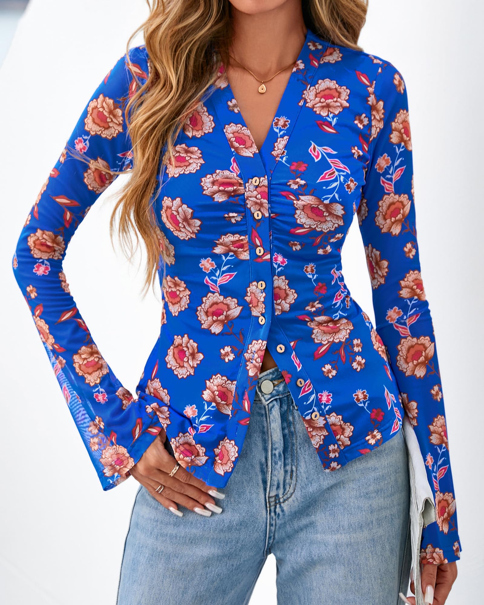 BTFBM Button Down Shirts for Women Spring Boho Tops V Neck Long Sleeve Blouses Ruched Mesh Fitted Fall Fashion