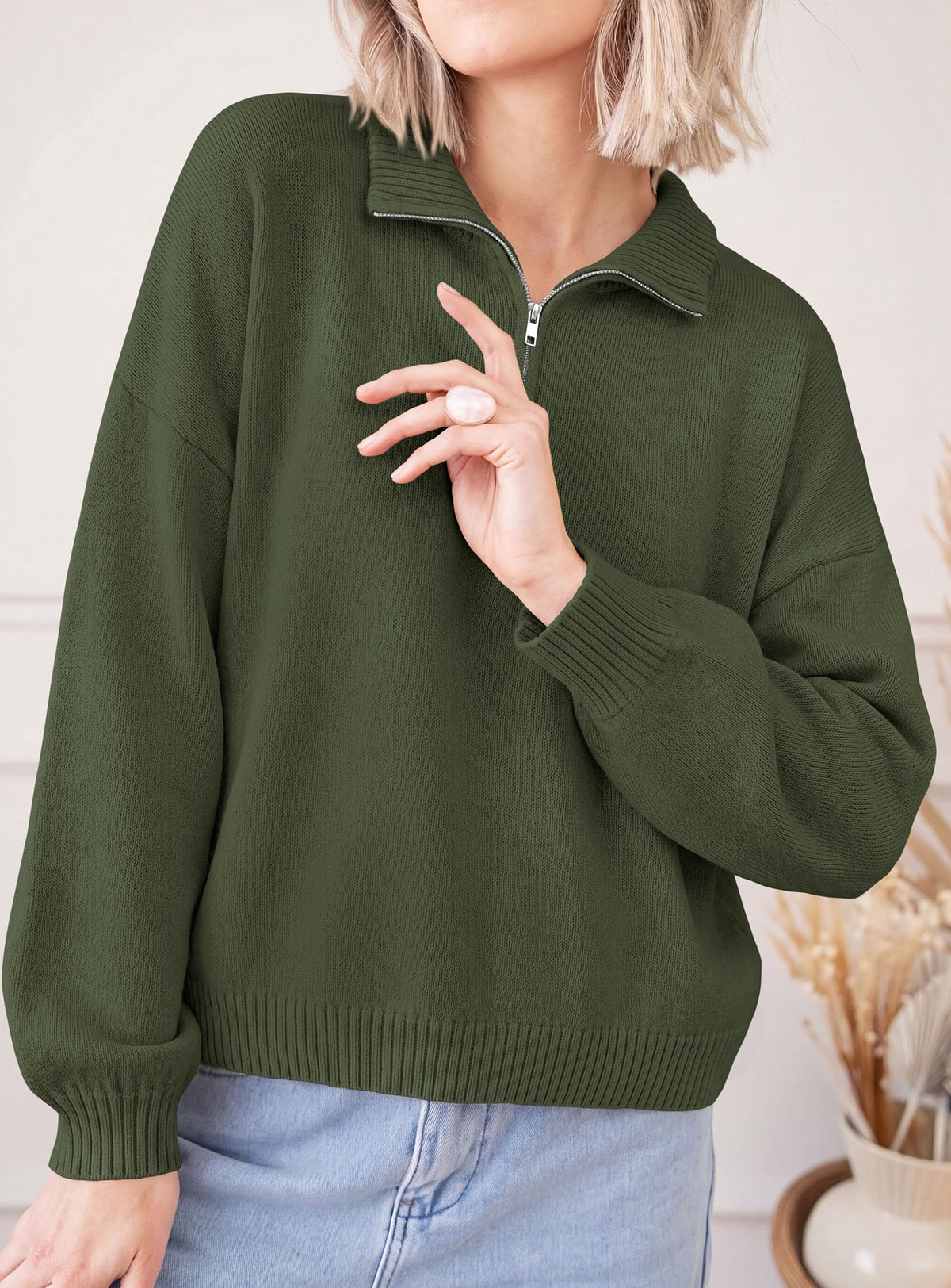 PRETTYGARDEN Women's Quarter Zip Pullover Oversized Sweaters Collared Neck, Long Balloon Sleeve, Jumper Tops, Soft Cozy Knit, Ribbed Hem, Loose Fit, Fall Outfits, Winter Fashion Clothing