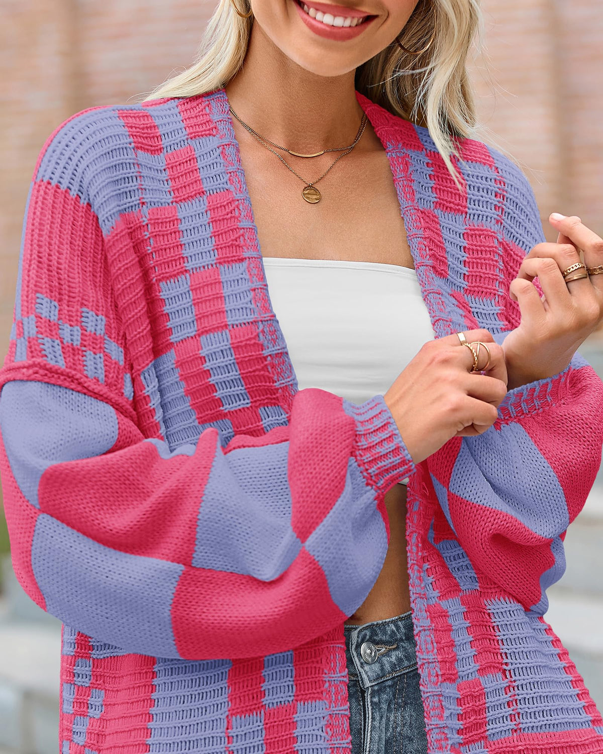 BTFBM Casual Cardigan Sweater for Women Fall Long Sleeve Sweaters Fall Outfits, Loose Fit,Solid,Open Front Chunky Knit Sweaters,Chunky Cardigan Sweaters For Women,Checkered Outwear Coat
