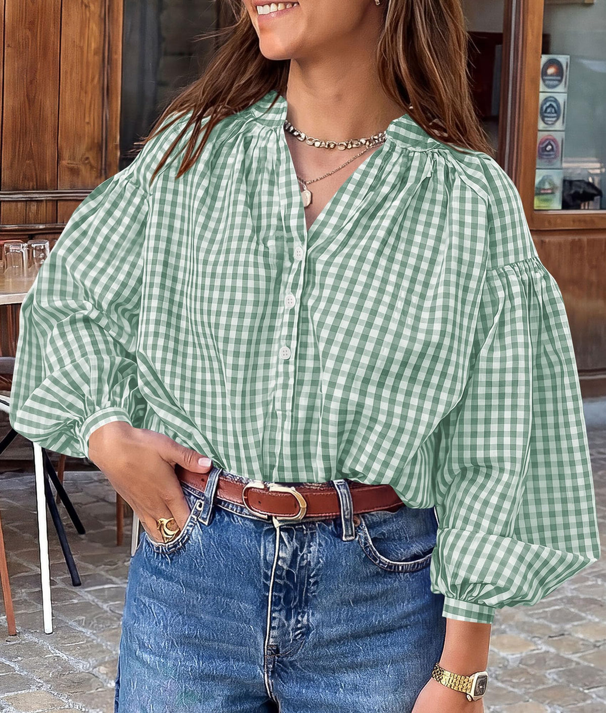 PRETTYGARDEN Women Fall Plaid Long Puff Sleeve Shirts V Neck Casual Blouses Gingham Button Down Oversized, Pleated Drop Shoulder Cotton Tops, Dressy Casual, Work Vacation Travel, Fall Outfits Trendy