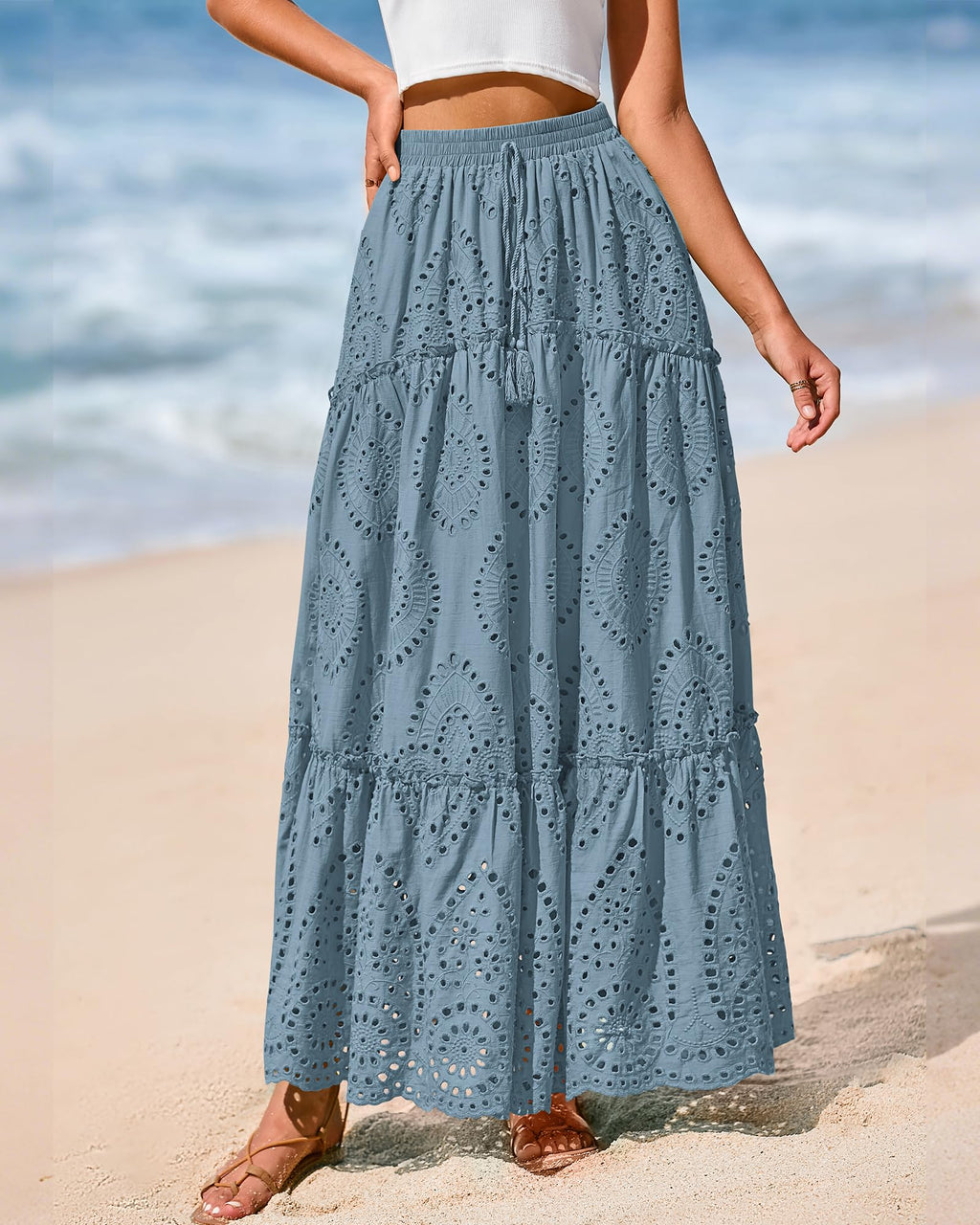 BTFBM Long Skirts for Women Summer Boho Lace Embroidery High Waist Flowy Tiered Spring Maxi Skirt Beach Vacation