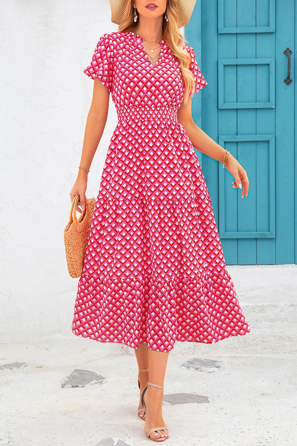 PRETTYGARDEN Summer Maxi Dresses for Women  Casual V Neck Puff Short Sleeve Smocked Flowy Beach Boho Long Floral Dress