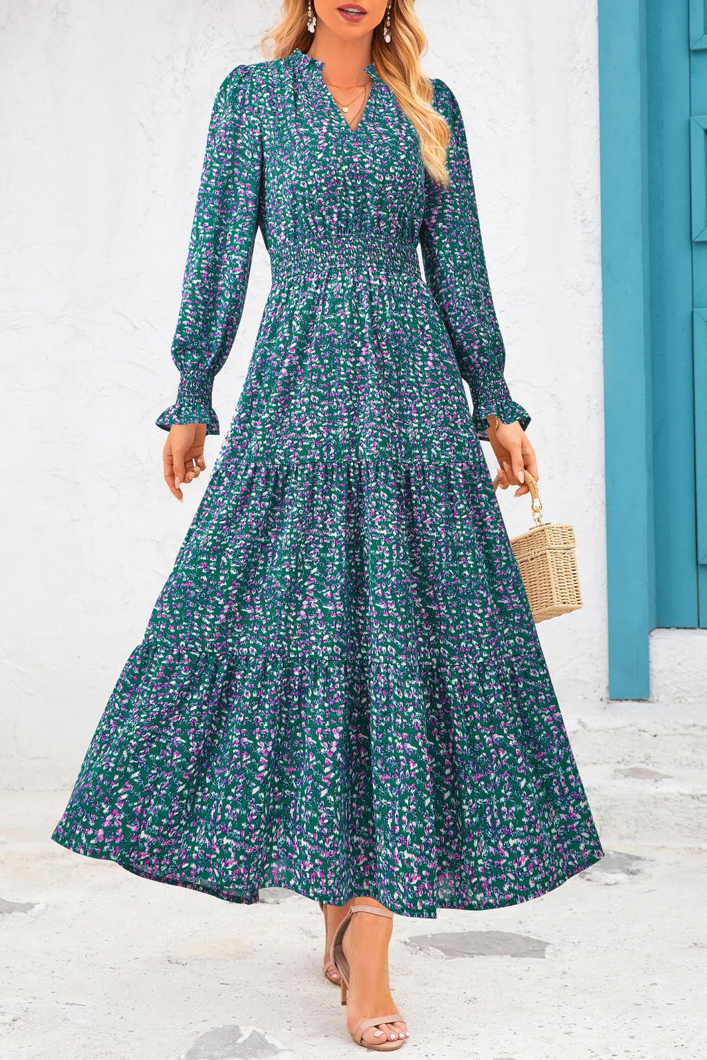 PRETTYGARDEN Women's Floral Maxi Dress Fall Long Sleeve V Neck Casual A Line Long Flowy Boho Party Dresses