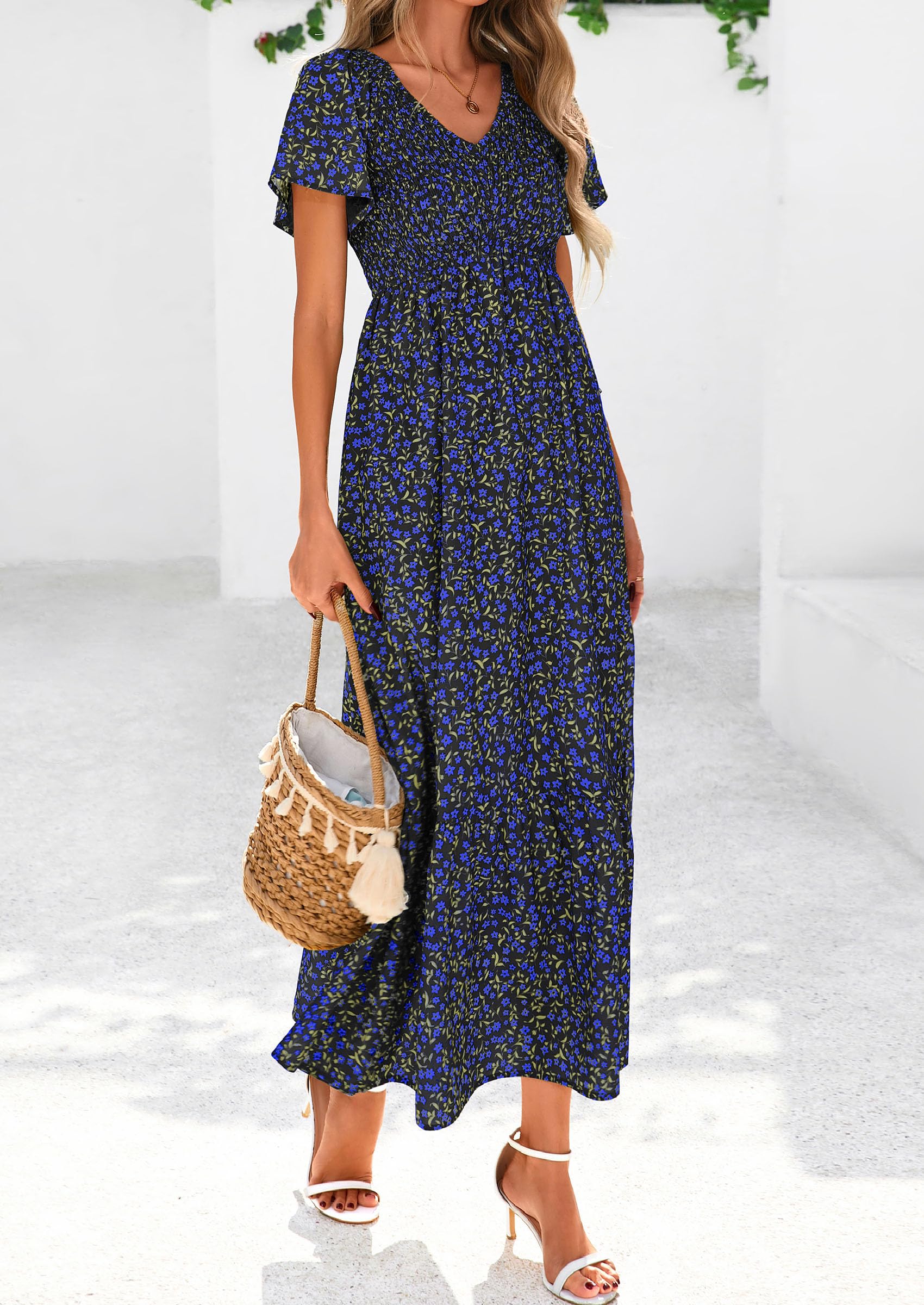 PRETTYGARDEN Boho Dresses for Women Summer Floral Short Sleeve V Neck Smocked Flowy Beach Vacation Maxi Dress