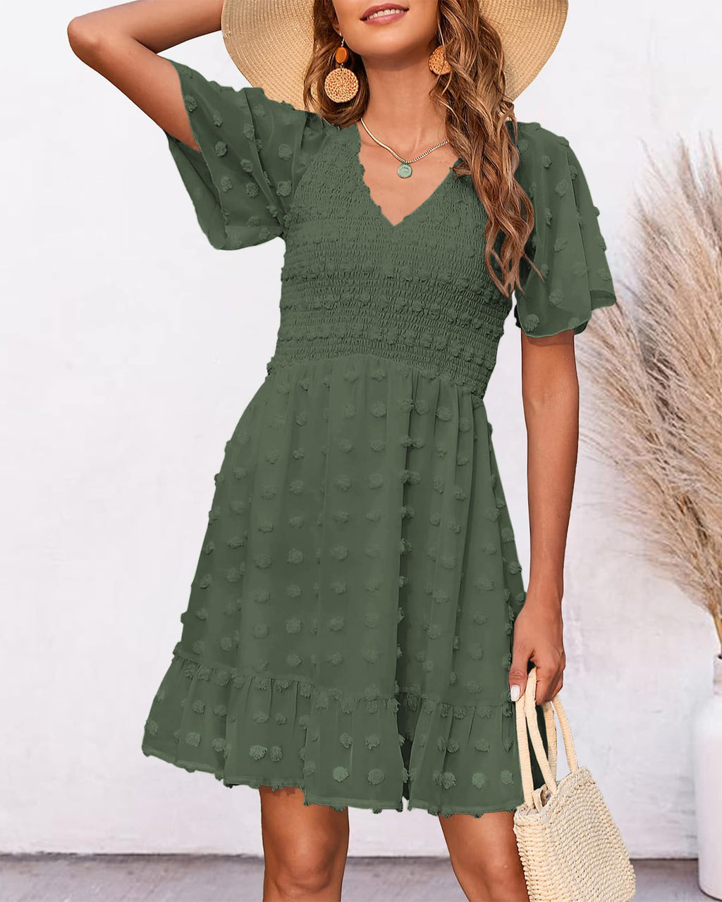 FreshPretty Womens Beach Vacation Dress Summer V Neck Short Sleeve Smocked Swiss Dot Cute Ruffle Casual Fall Mini Dresses