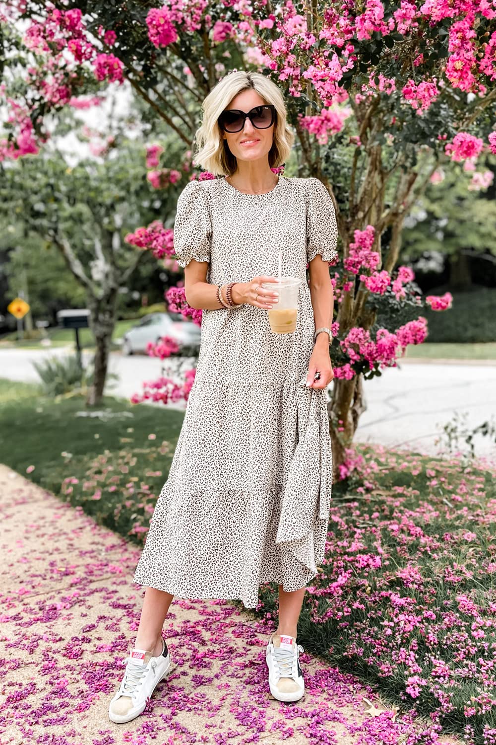 PRETTYGARDEN Summer Dresses for Women Casual Floral Boho Midi Sun Dress Puff Short Sleeve Flowy Beach Vacation Sundress