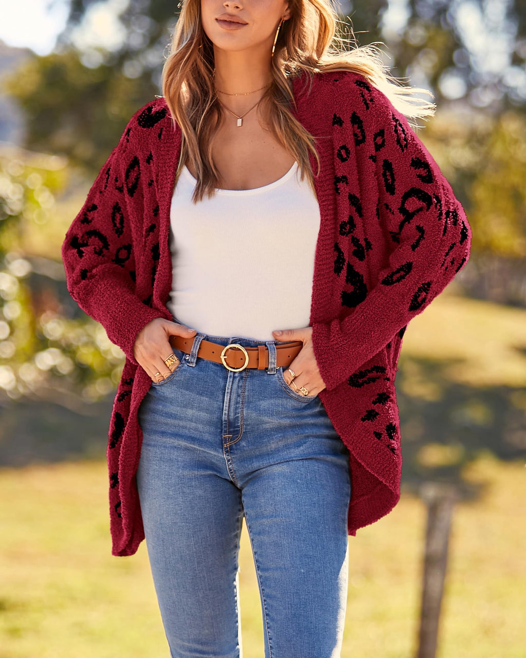 FreshPretty Leopard Cardigan for Women Long Sleeve Open Front Cardigans Sweaters Pockets Loose Knit Fall Winter Outwear