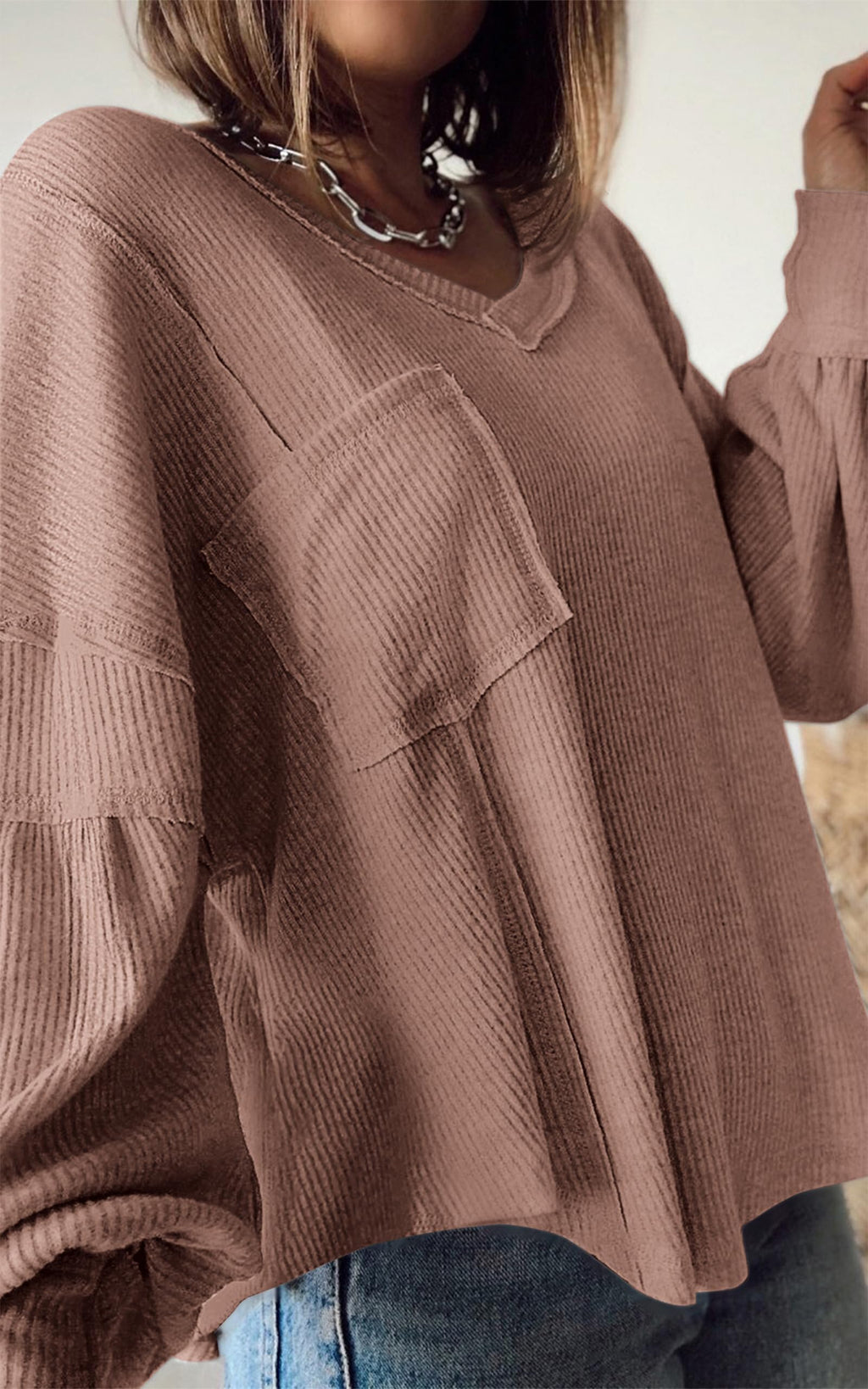 FreshPretty Womens Fall Fashion Long Sleeve Shirts Casual V Neck Ribbed Knit Blouses Pullover Trendy Loose Fit Tunic Tops