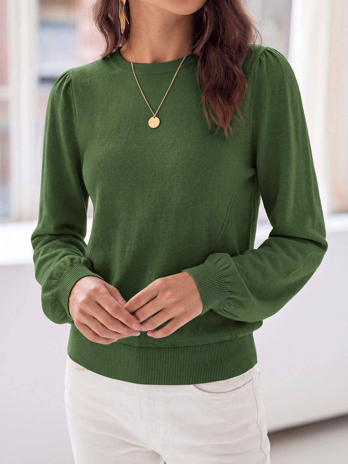 FreshPretty Womens Sweaters Lightweight Puff Sleeve Knit Tops,Soft Knitted Pullover Top,Crew Neck Basic Tunic Shirts,Ribbed Hem,Fall Fashion Dressy Casual Work Office Blouses