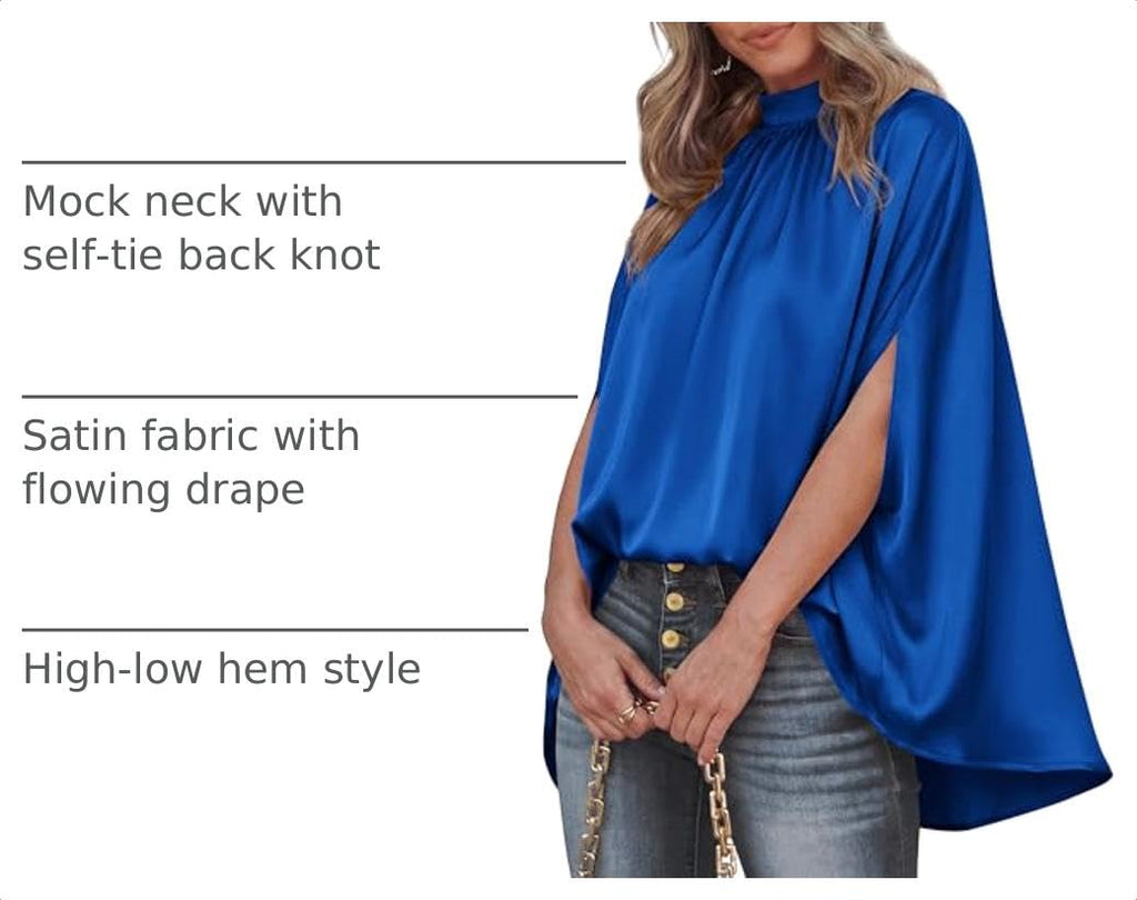 BTFBM Womens Summer Tops Mock Neck Batwing Sleeve Silk Satin Shirts Loose Oversized Dressy Casual Spring Blouses